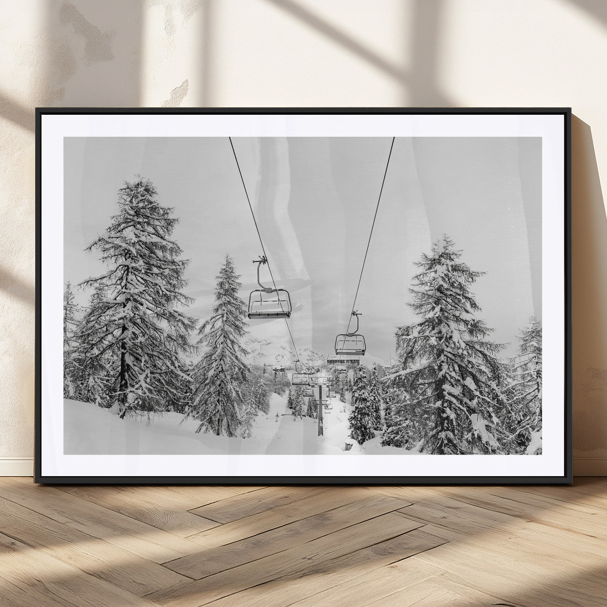 55003599-MGV-CV-36X24-Snowy Ski Lift Wall Art Canvas Print, Framed Winter Forest Art Picture Print, Ski lift Ride Perfect Winter Lodge Decor Artwork