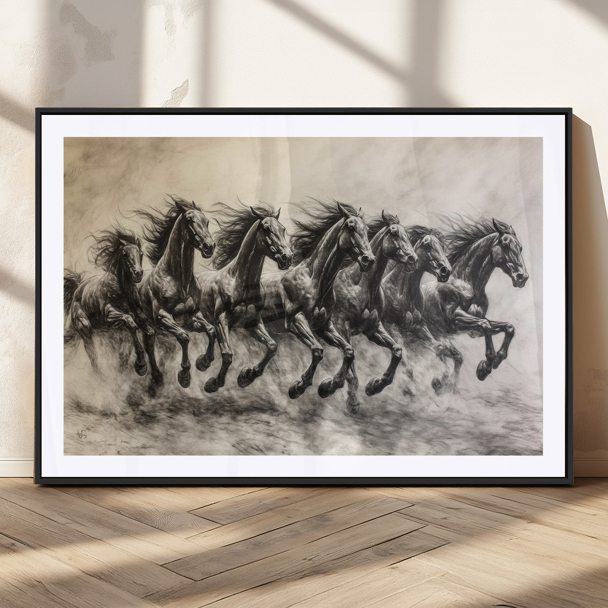 56089591-MGV-CV-36X24-Galloping Horses Wall Art Canvas Print, Framed Wild Stallions Art Picture Print, Horse Herd Sketch Perfect Monochrome Dynamic