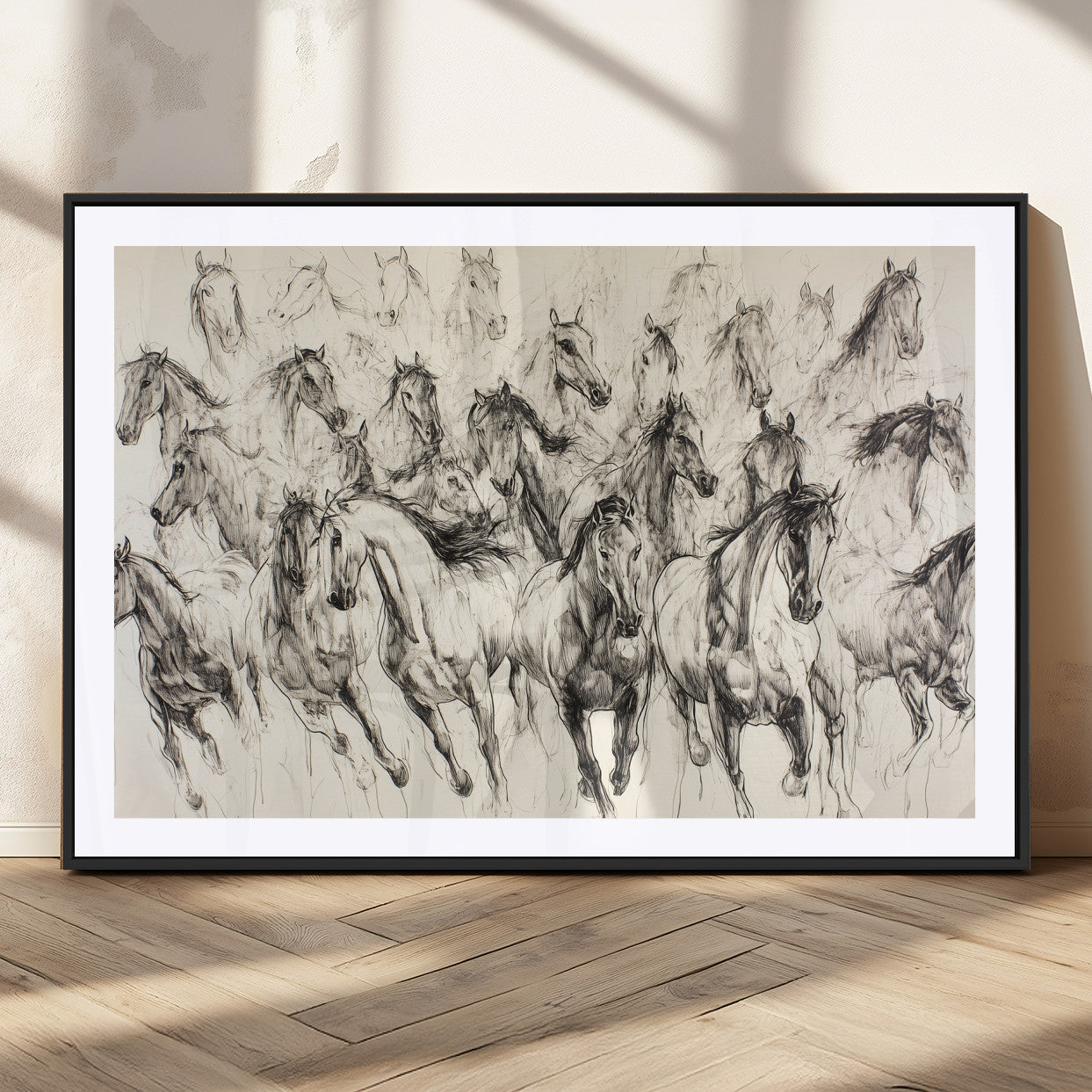 19433417-MGC-FP-36x24_Black-Running Horses Wall Art Canvas Print, Framed Horse Sketch Art Picture Print, Galloping Herd Perfect Monochrome Western Decor