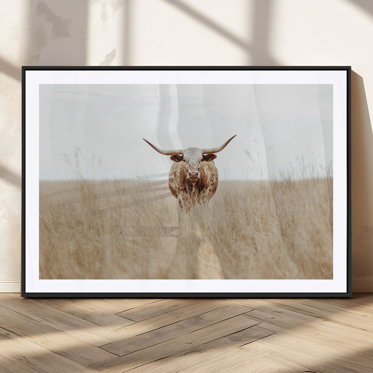 20927060-MGC-FP-36x24_Black-Texas Longhorn Wall Art Canvas Print, Framed Lone Cattle Art Picture Print, Longhorn Bull Perfect Rustic Western Decor Artwork