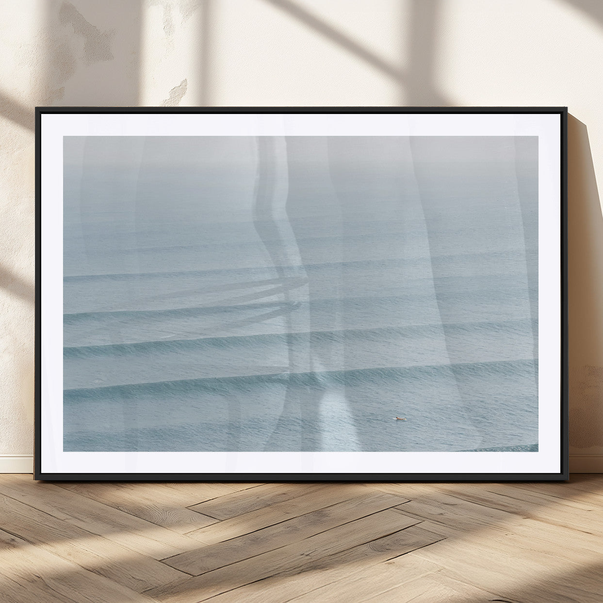 47814787-MGC-FP-36x24_Black-Ocean Waves Wall Art Canvas Print, Framed Solo Surfer Art Picture Print, Wave Lines Perfect Minimalist Ocean Decor Artwork