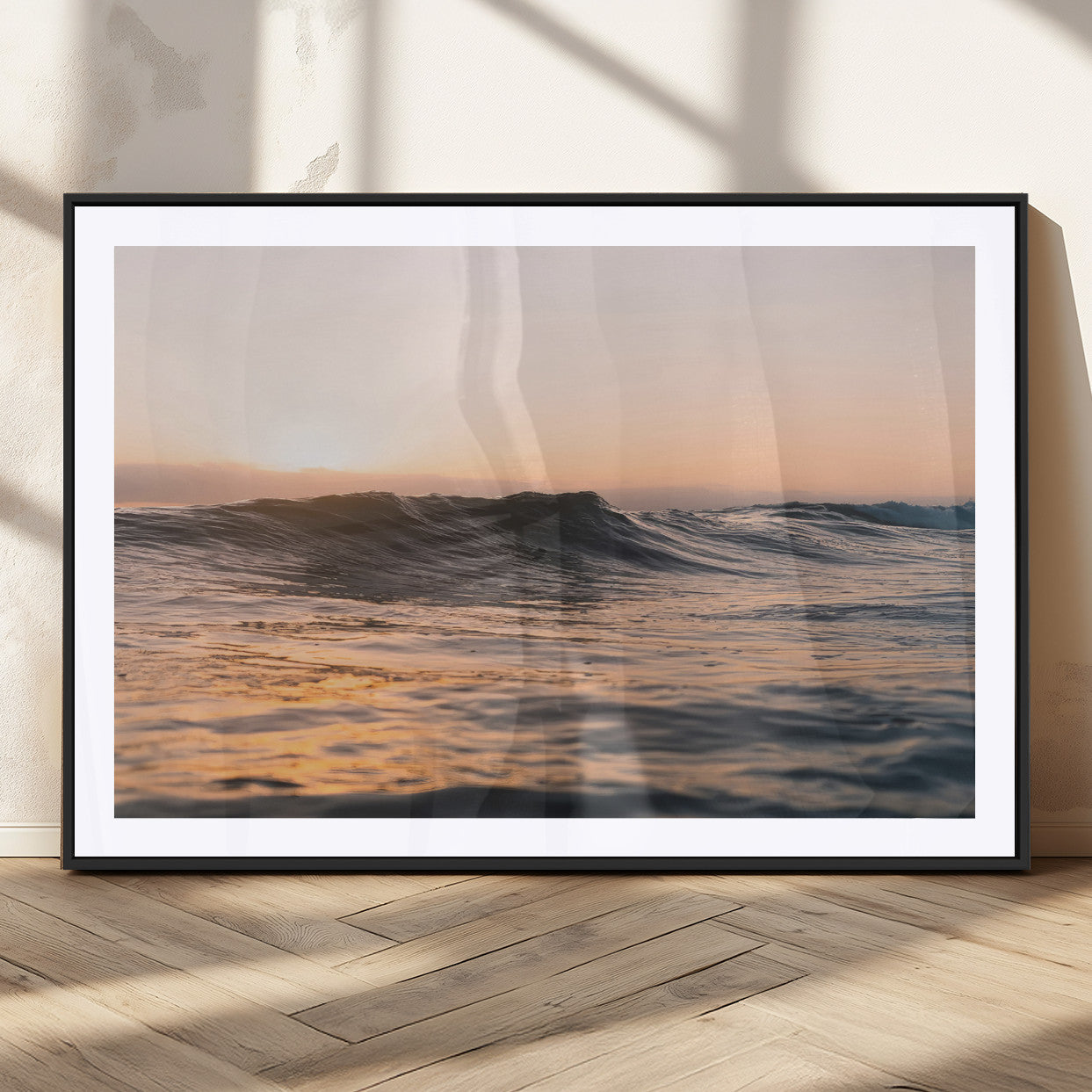 46299358-MGC-FP-36x24_Black-Sunset Waves Wall Art Canvas Print, Framed Ocean Horizon Art Picture Print, Golden Water Perfect Golden Hour Coastal Decor Artwork