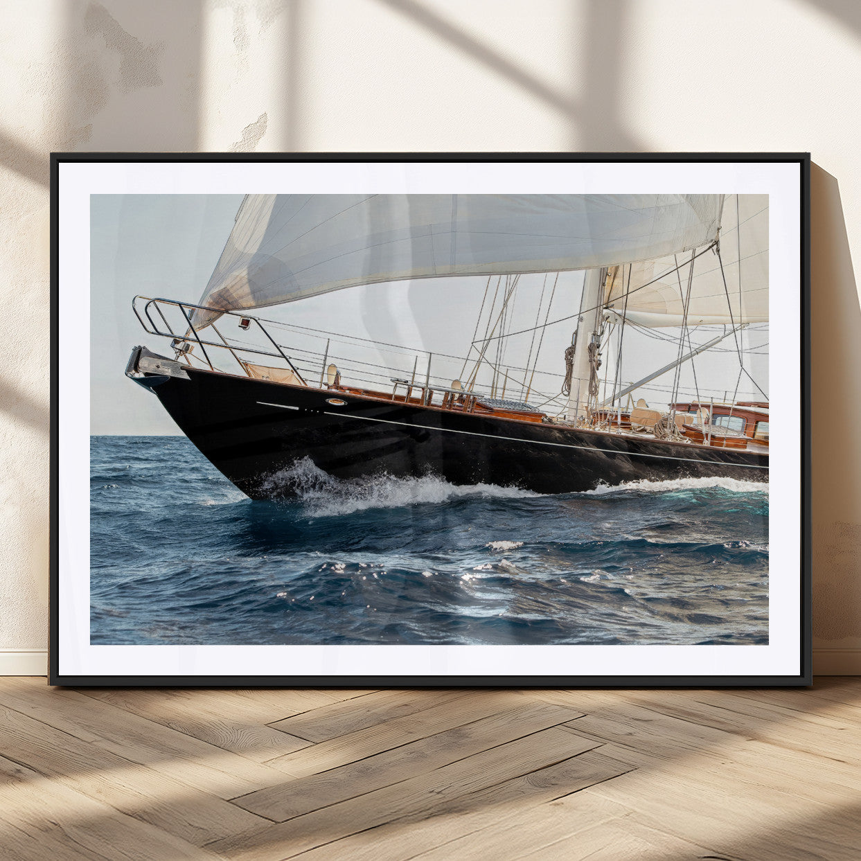 97168626-MGV-CV-36X24-Sailing Yacht Wall Art Canvas Print, Framed Wooden Yacht Art Picture Print, Ocean Waves Perfect Nautical Coastal Decor Artwork