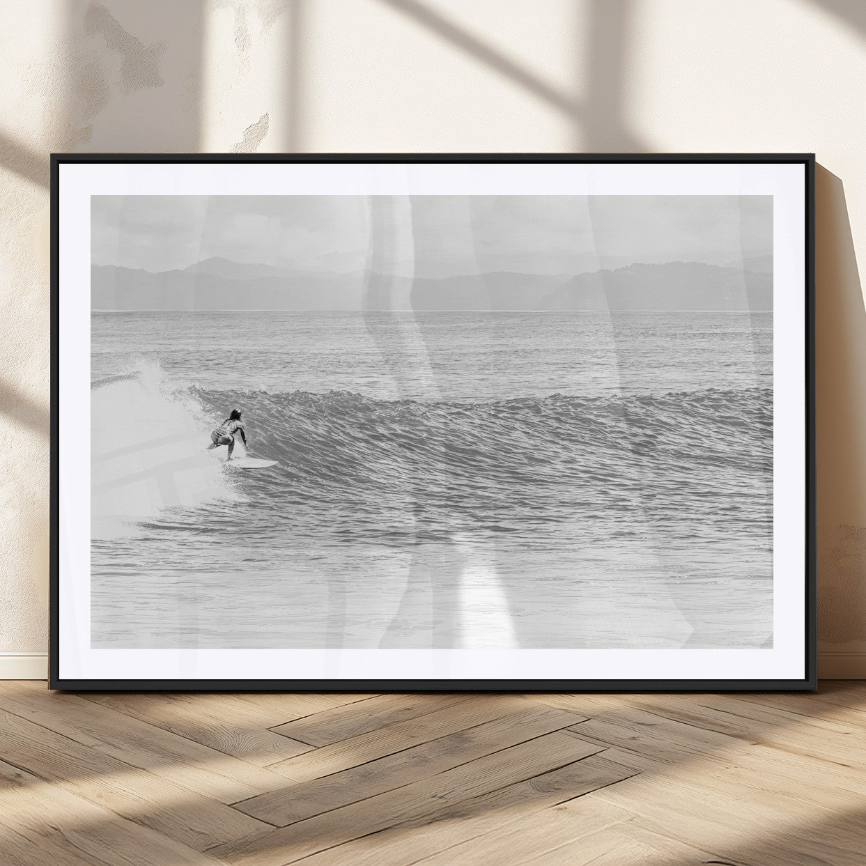 81535128-MGC-FP-36x24_Black-Surfer Woman Wall Art Canvas Print, Framed Black Ocean Art Picture Print, Ocean Surfing Perfect Monochrome Coastal Decor Artwork