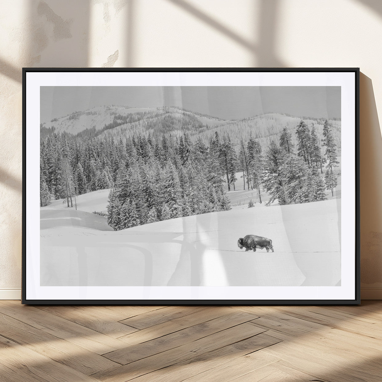 68081143-MGC-FP-36x24_Black-Snowy Bison Wall Art Canvas Print, Framed Winter Forest Art Picture Print, Lone Bison Perfect Monochrome Winter Wild Decor Artwork