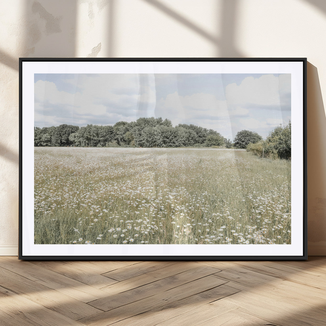 43258946-MGC-FP-36x24_Black-Daisy Field Wall Art Canvas Print, Framed Pastel Flower Art Picture Print, Meadow Bloom Perfect Scandinavian Minimalist Decor