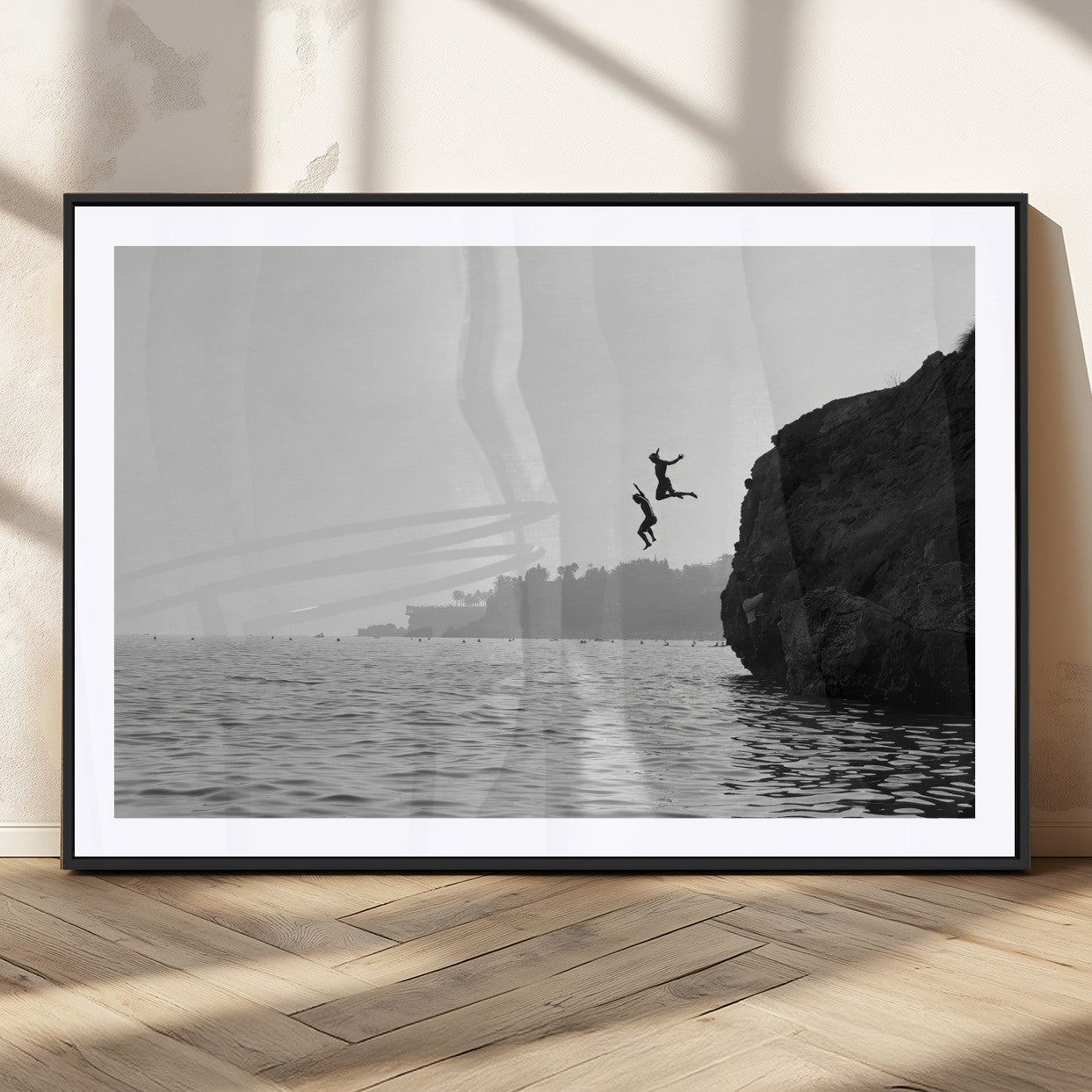 52284302-MGC-FP-36x24_Black-Cliff Jumping Wall Art Canvas Print, Framed Ocean Adventure Art Picture Print, Black White Coast Perfect Modern Coastal Decor