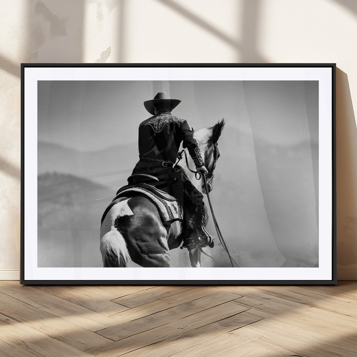 83102464-MGV-CV-36X24-Western Cowboy Wall Art Canvas Print, Framed Monochrome Horse Art Picture Print, Western Equestrian Perfect Rustic Western Decor