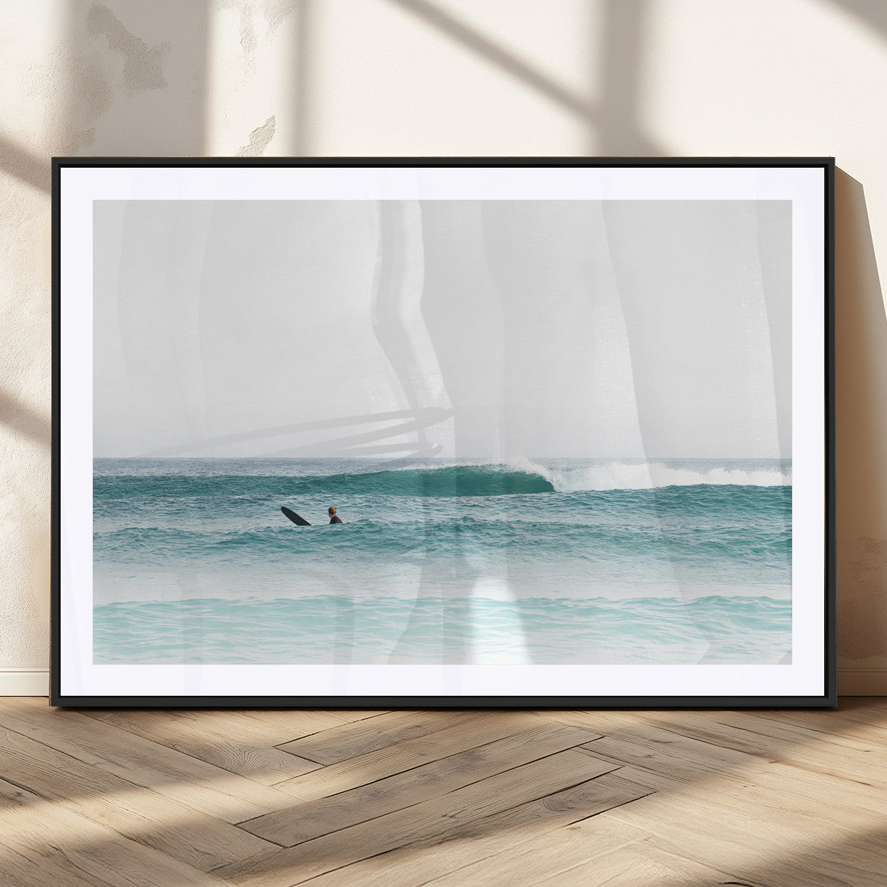 56345117-MGC-FP-36x24_Black-Minimalist Surfing Wall Art Canvas Print, Framed Ocean Waves Art Picture Print, Soft Ocean Perfect Minimalist Coastal Decor