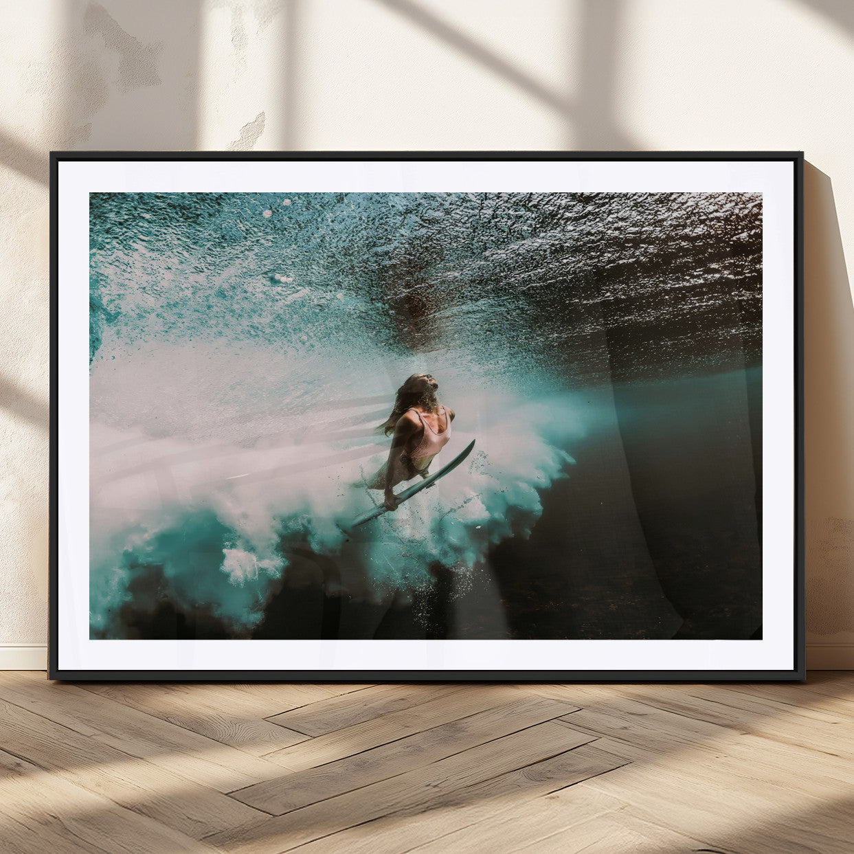 85923512-MGV-CV-36X24-Aquatic Motion Wall Art Canvas Print, Framed Underwater Swimming Art Picture Print, Female Surfer Diving Perfect Coastal Boho