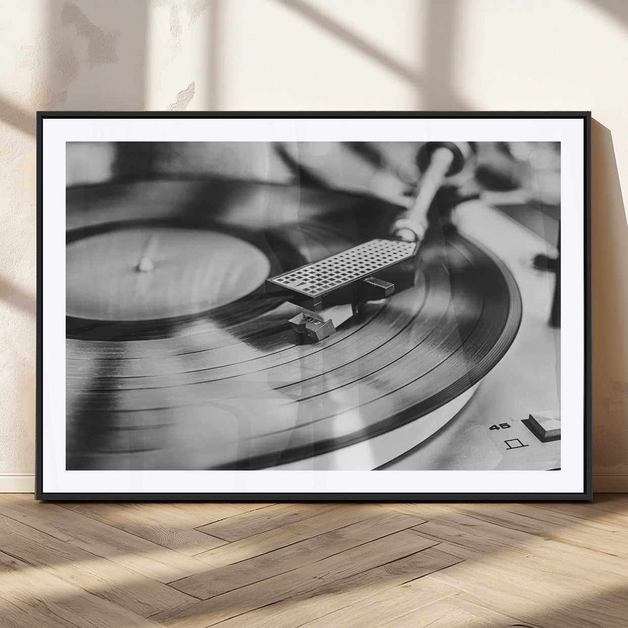 41253898-MGV-CV-36X24-Vinyl Record Wall Art Canvas Print, Framed Turntable Close Art Picture Print, Retro Vibes Perfect Vintage Industrial Decor Artwork