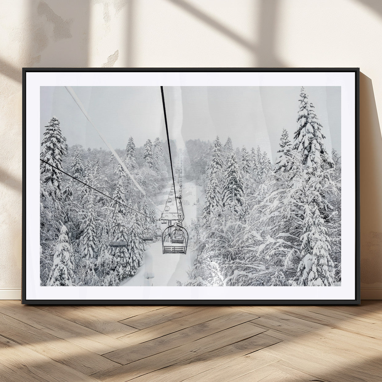 44705668-MGC-FP-36x24_Black-Winter Forest Wall Art Canvas Print, Framed Snowy Forest Art Picture Print, Ski Lift Perfect Scandinavian Decor Artwork