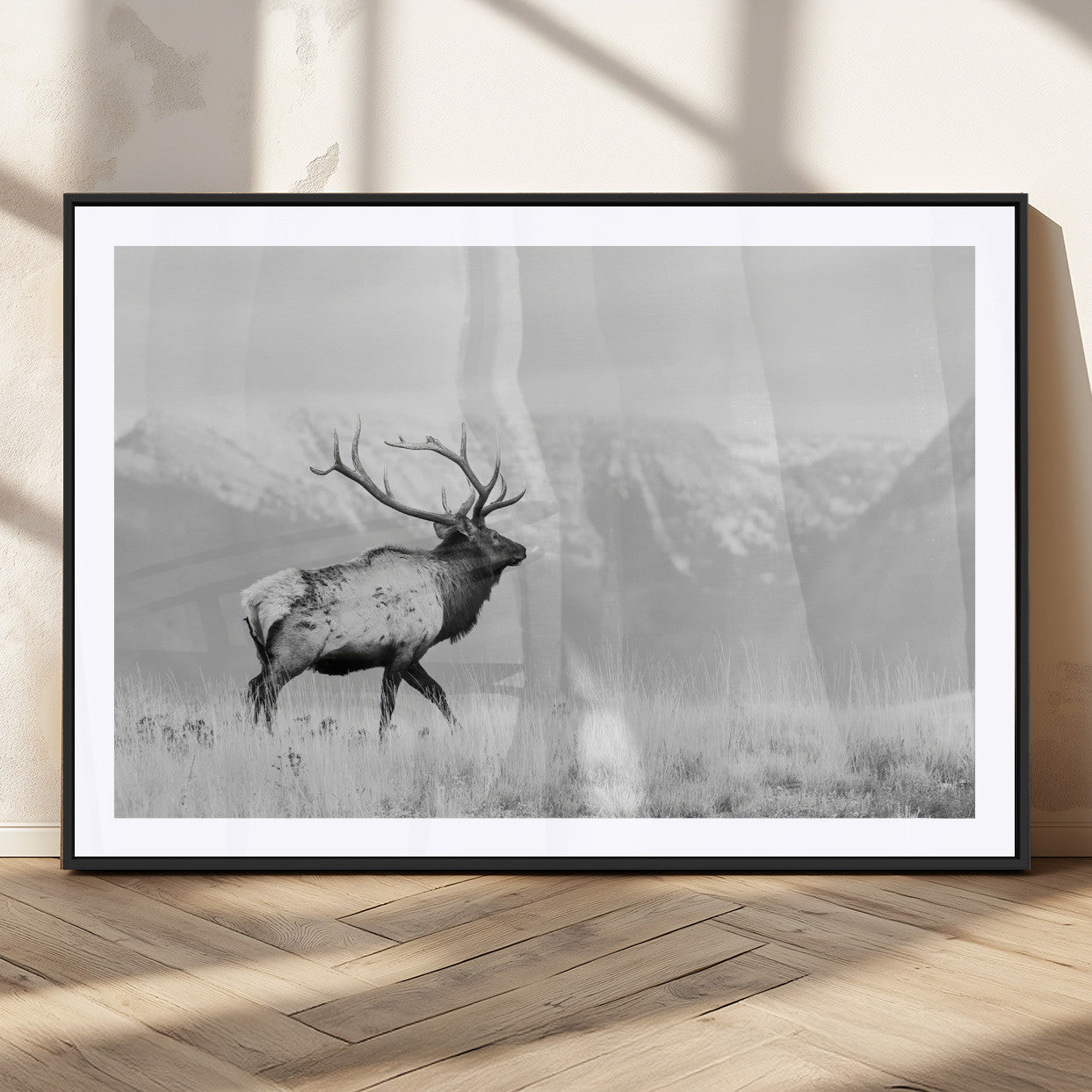 62278753-MGV-CV-36X24-Monochrome Elk Wall Art Canvas Print, Framed Mountain Wildlife Art Picture Print, Rustic Nature Perfect Rustic Minimalist Decor