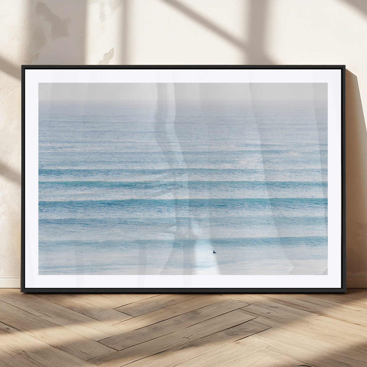 77145995-MGC-FP-36x24_Black-Ocean Simplicity Wall Art Canvas Print, Framed Surfer on Water Art Picture Print, Light Blue Perfect Coastal Minimalist Decor