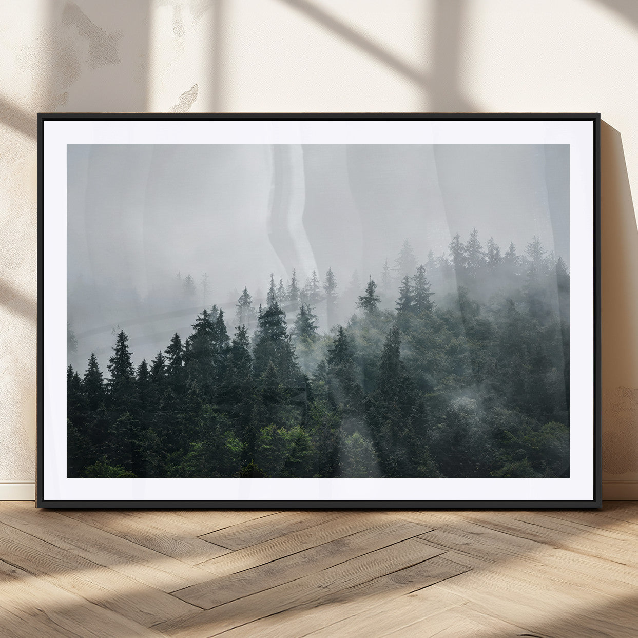 84146572-MGV-CV-36X24-Foggy Pine Trees Wall Art Canvas Print, Framed Forest Nature Art Picture Print, Evergreen Forest Perfect Scandinavian Minimalist