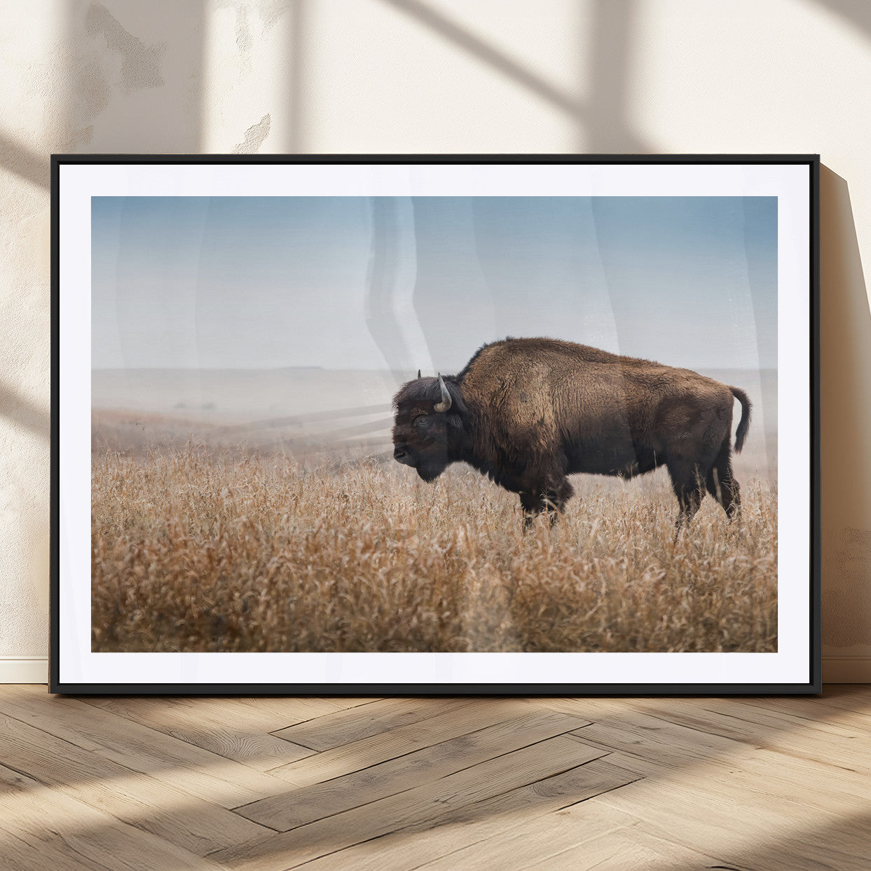 99620201-MGC-FP-36x24_Black-Wild Bison Wall Art Canvas Print, Framed Bison in Prairie Art Picture Print, Rustic Western Perfect Rustic Western Decor Artwork