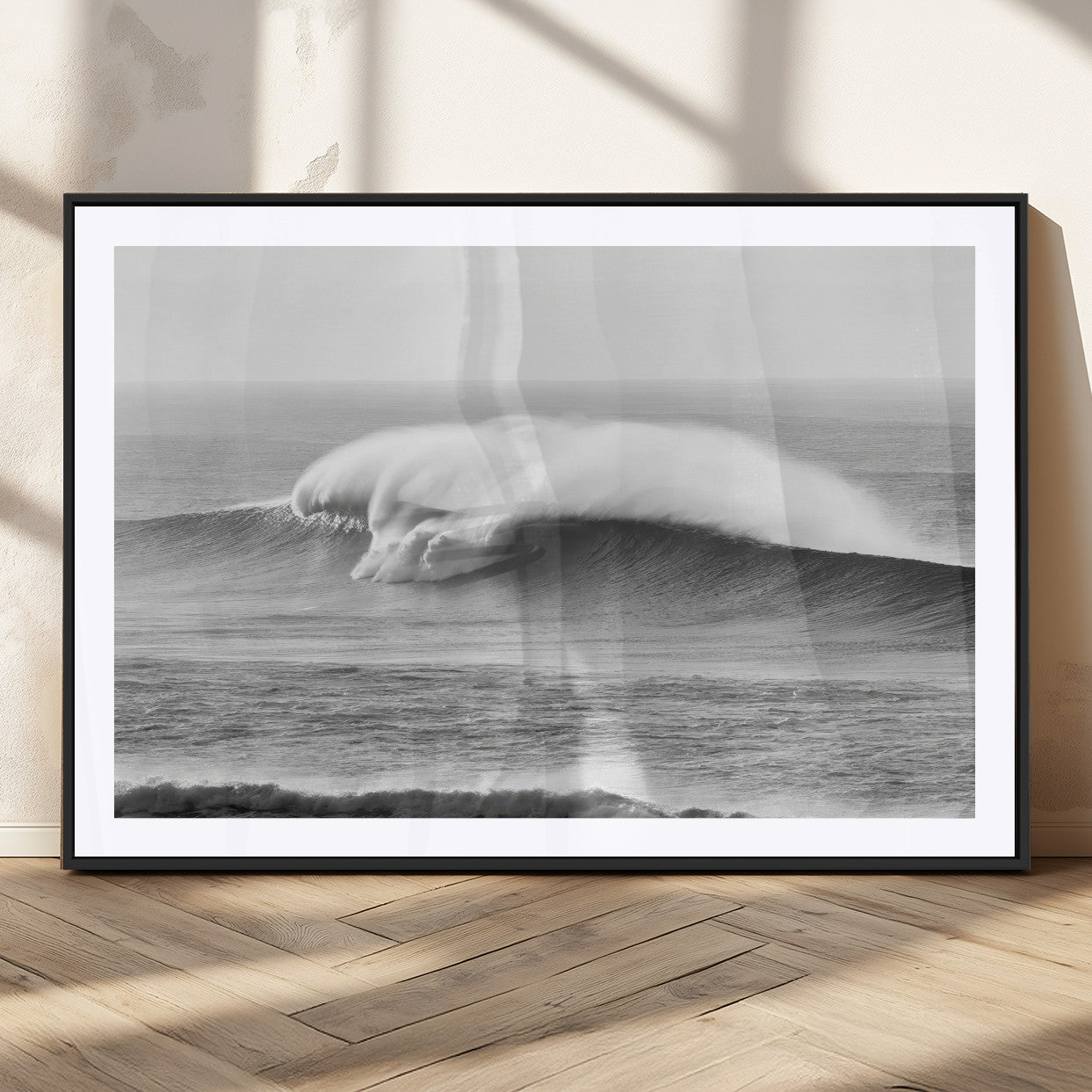 42544082-MGV-CV-36X24-Monochrome Seascape Wall Art Canvas Print, Framed Surf Wave Art Picture Print, Minimalist Ocean Perfect Moody Coastal Decor