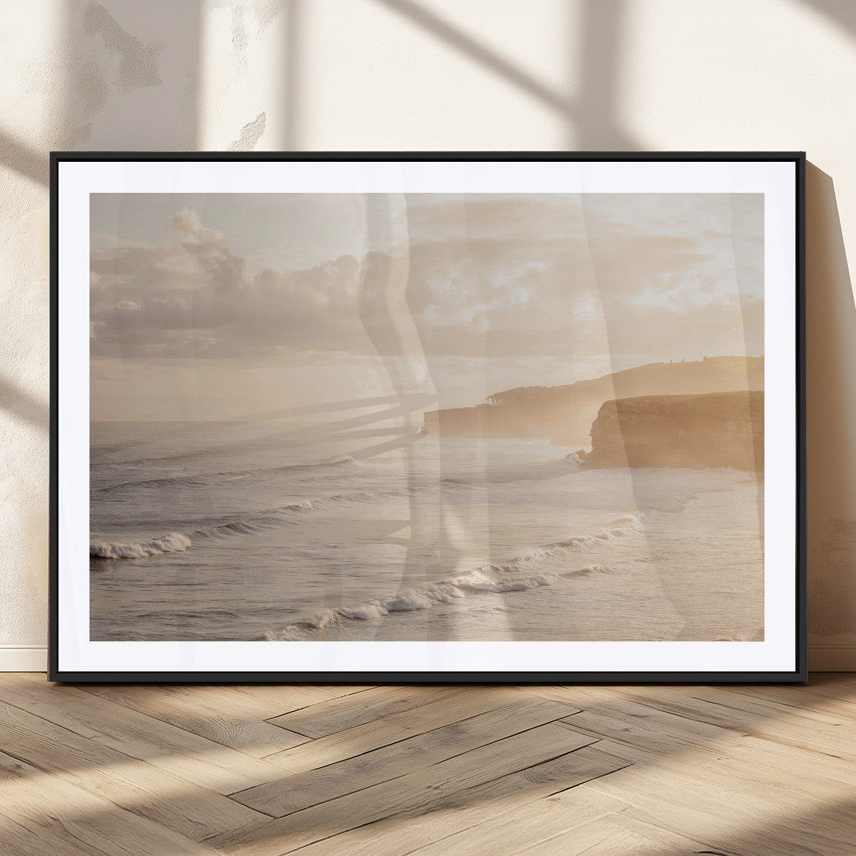 57669769-MGC-FP-36x24_Black-Misty Coastal Wall Art Canvas Print, Framed Golden Sunset Art Picture Print, Serene Shoreline Perfect Tranquil Coastal Decor