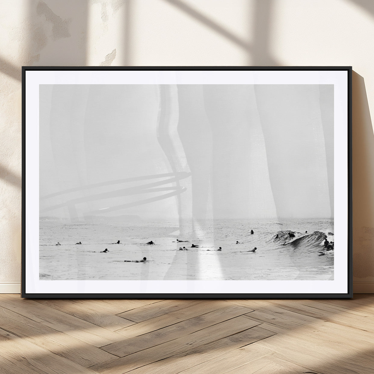 38441169-MGC-FP-36x24_Black-Monochrome Swimming Wall Art Canvas Print, Framed Ocean Horizon Art Picture Print, Moody Coastal Perfect Minimalist Coastal Decor