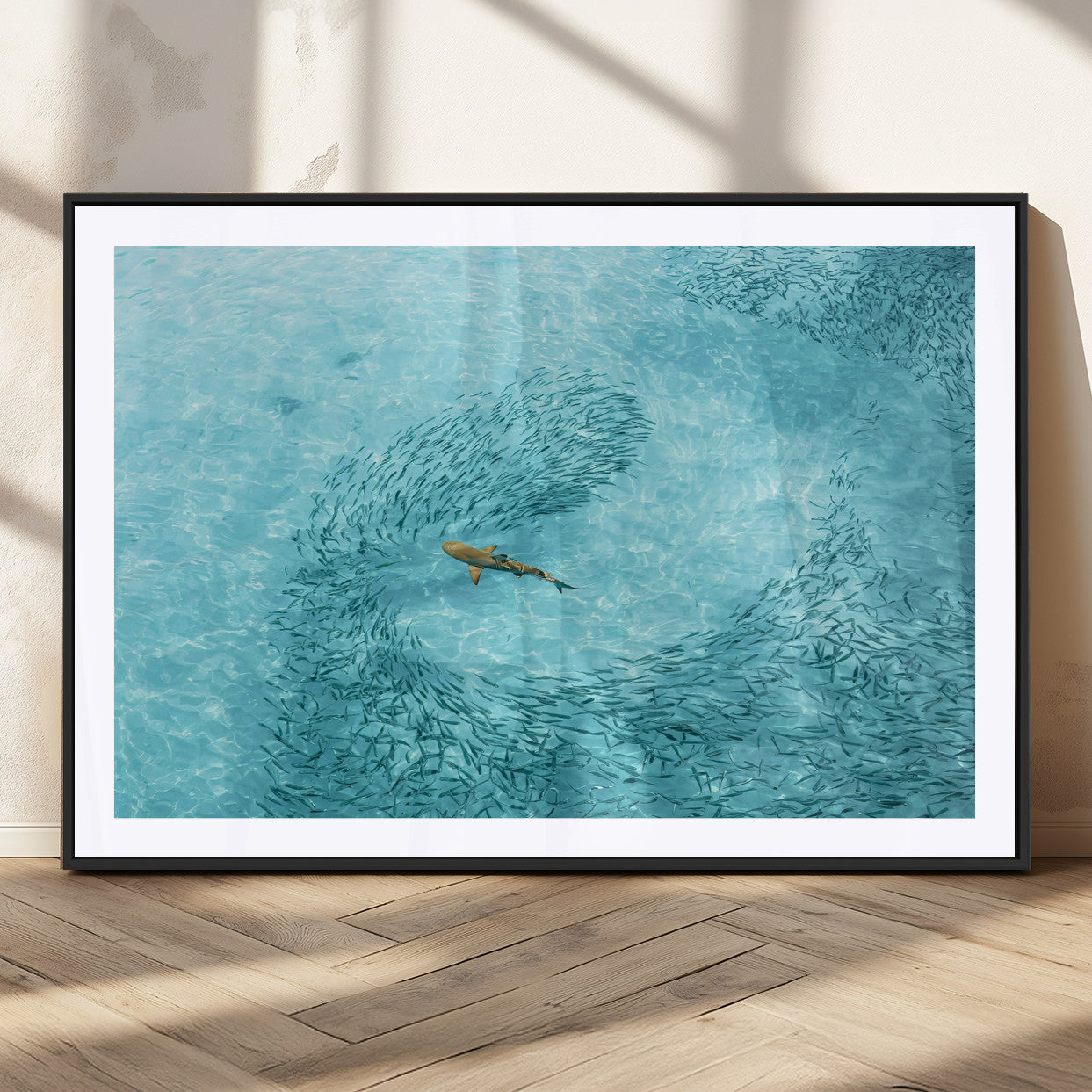 43671474-MGV-CV-36X24-Fish Swarm Wall Art Canvas Print, Framed Marine Life Art Picture Print, Shark Aerial Perfect Wildlife Coastal Decor Artwork