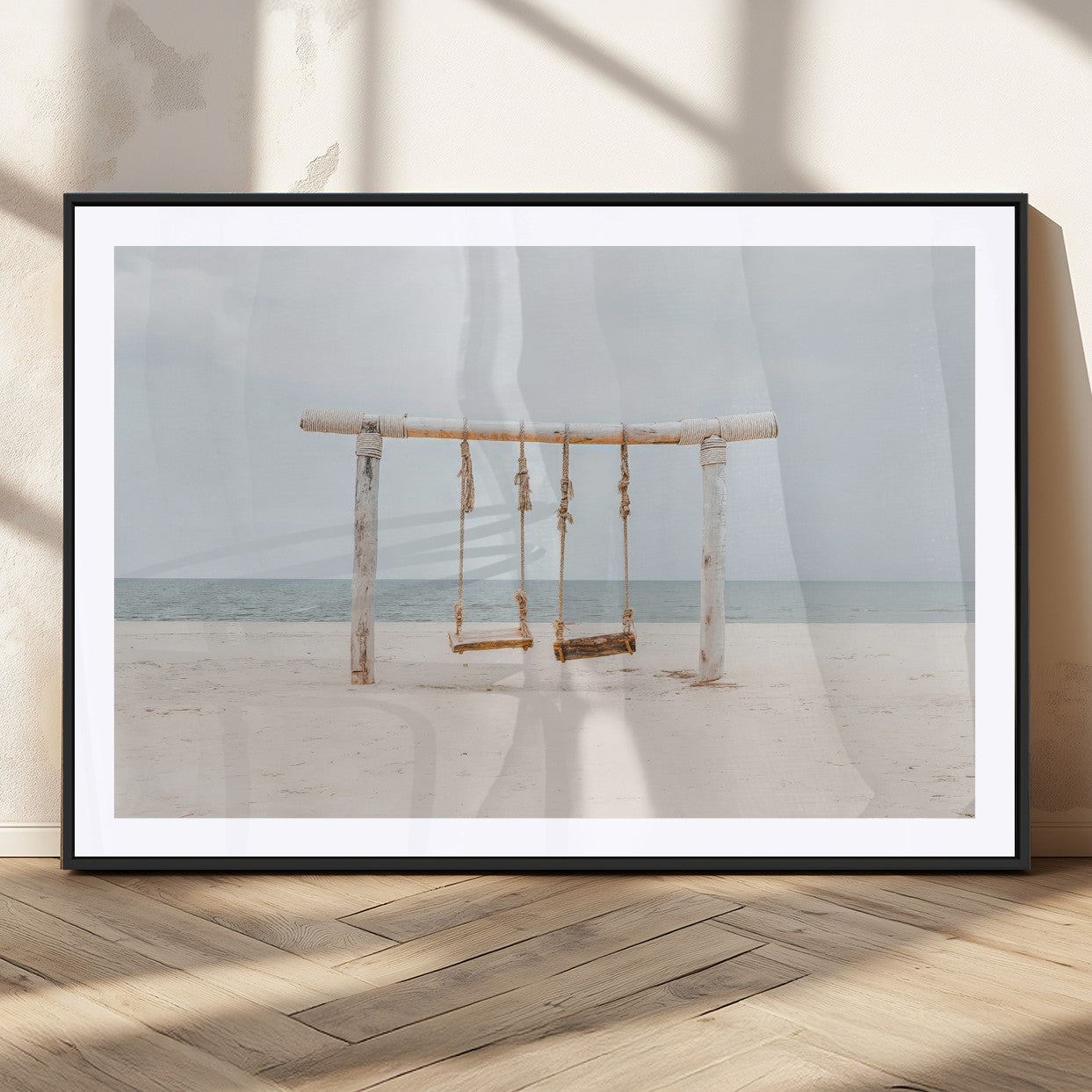 68327283-MGC-FP-36x24_Black-Beach Swing Wall Art Canvas Print, Framed Quiet Beach Art Picture Print, Calm Shoreline Perfect Bohemian Coastal Decor Artwork