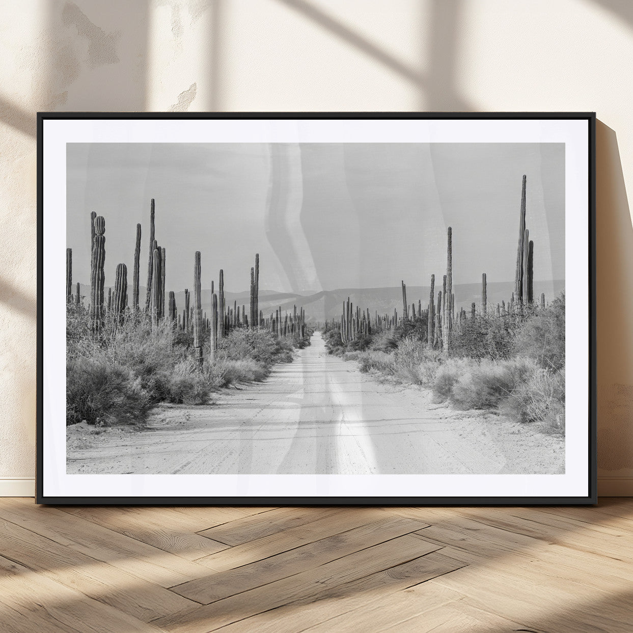 35537313-MGC-FP-36x24_Black-Monochrome Desert Wall Art Canvas Print, Framed Cactus Path Art Picture Print, Southwestern Landscape Perfect Southwestern