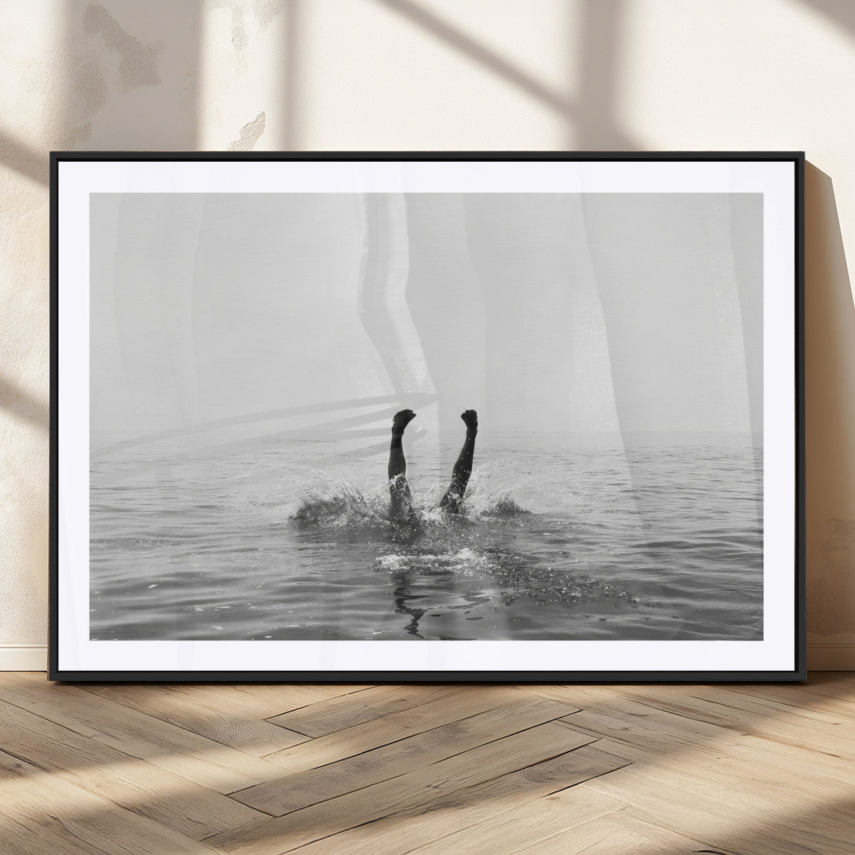 26667396-MGC-FP-36x24_Black-Black White Ocean Wall Art Canvas Print, Framed Monochrome Water Art Picture Print, Diving into Water Perfect Minimalist Aquatic