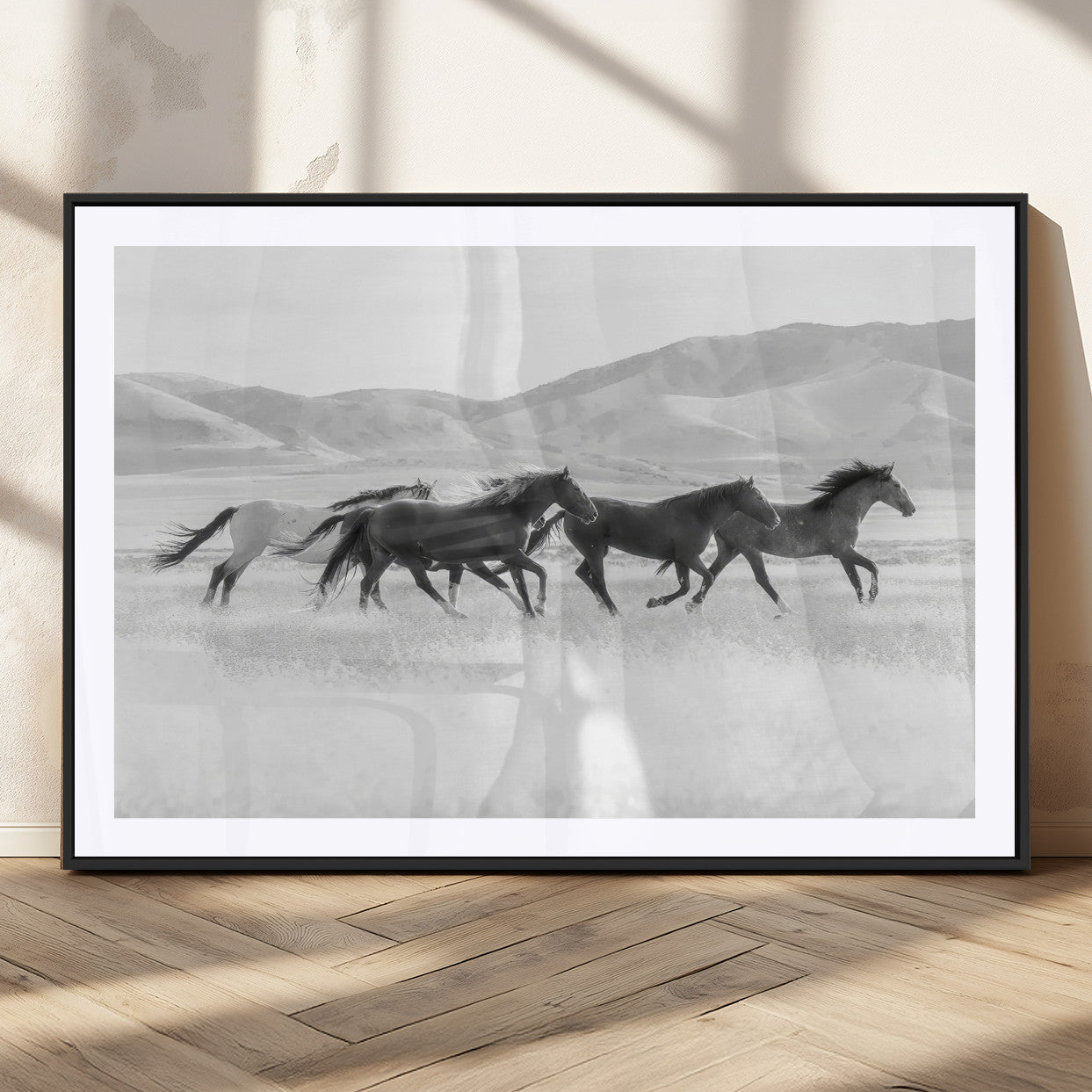 69934913-MGC-FP-36x24_Black-Wild Horses Running Wall Art Canvas Print, Framed Black White Mustangs Art Picture Print, Rustic Western Perfect Rustic Western