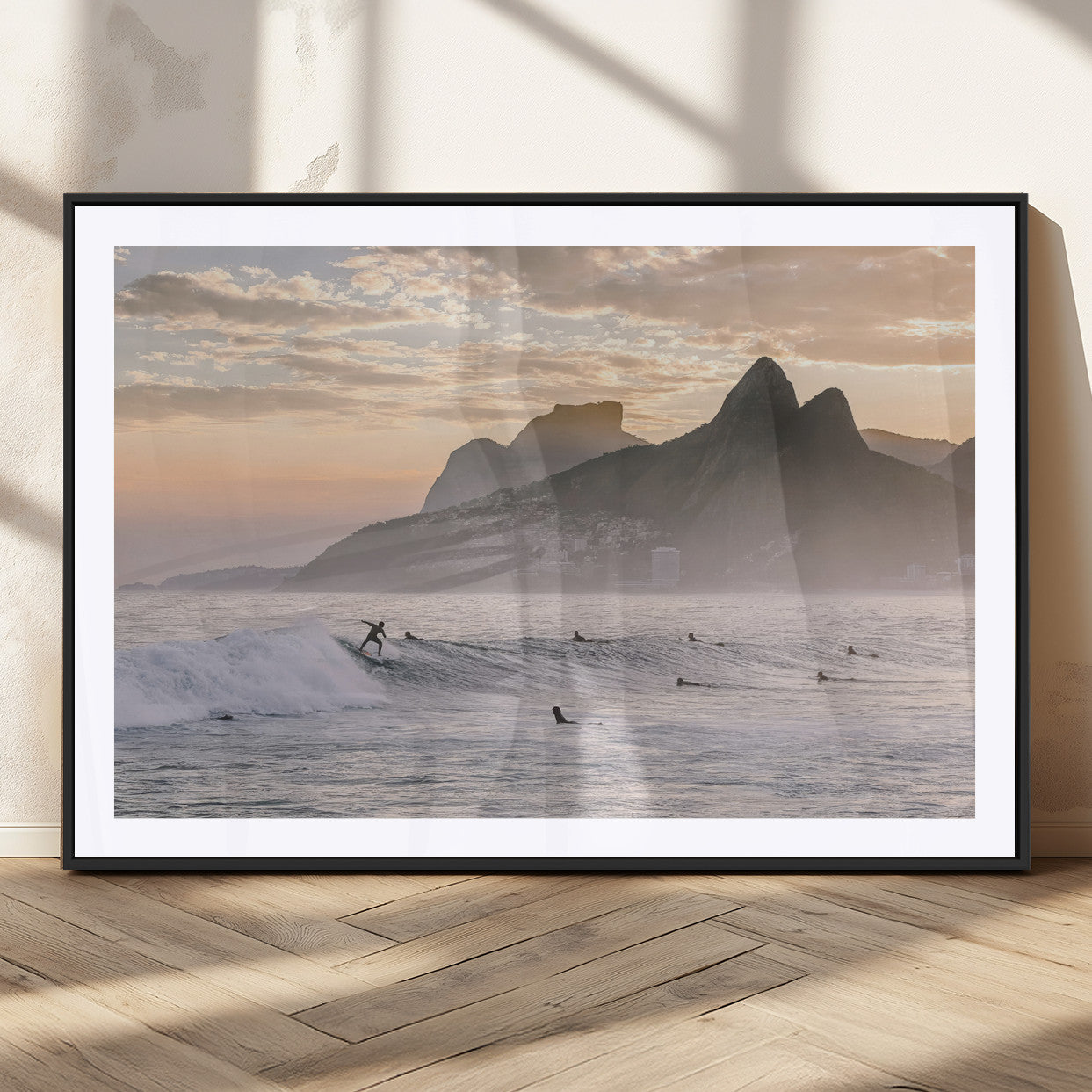 70644906-MGC-FP-36x24_Black-Sunset Surfing Wall Art Canvas Print, Framed Misty Mountains Art Picture Print, Surfer Riding Wave Perfect Coastal Adventure Decor