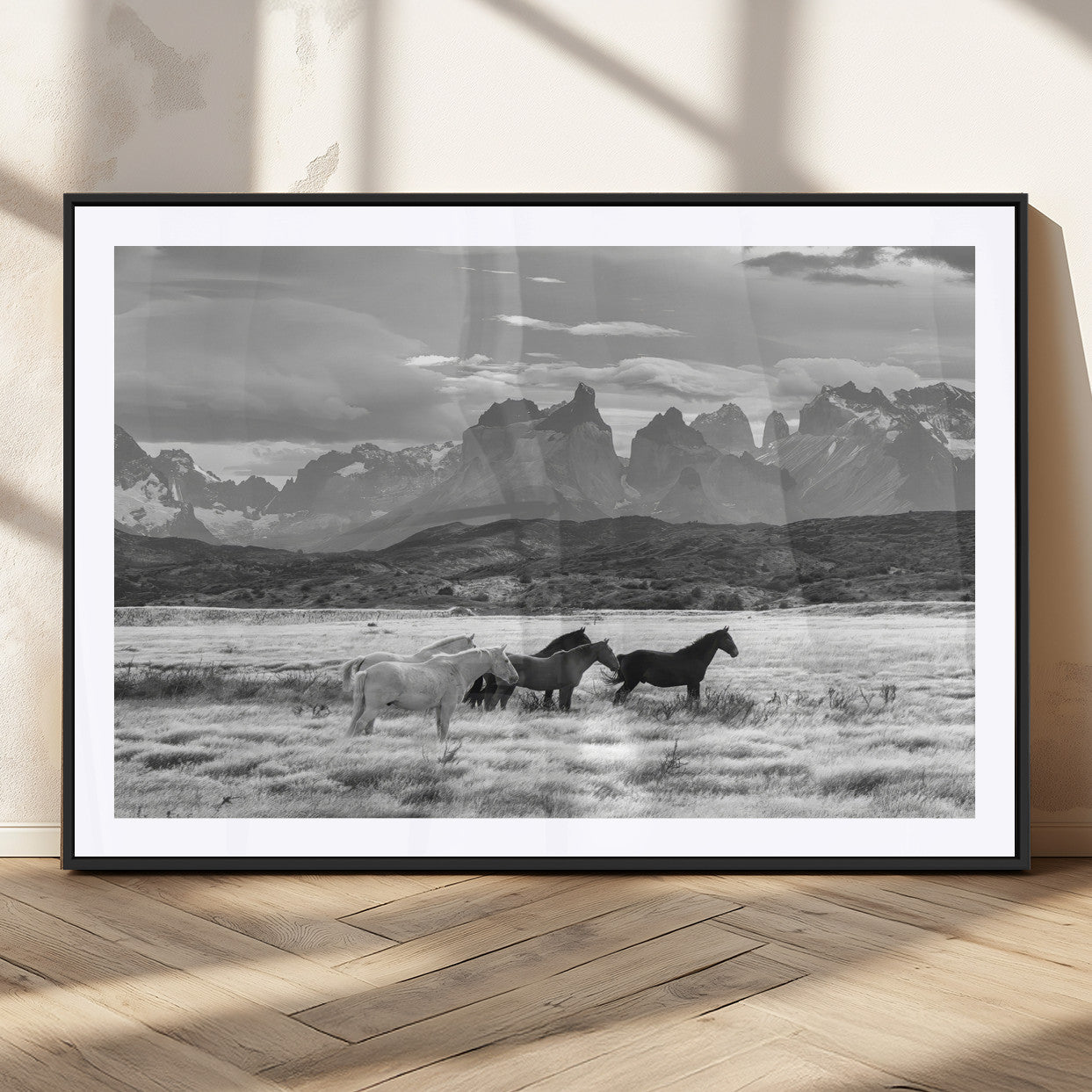 21655040-MGC-FP-36x24_Black-Wild Horses Wall Art Canvas Print, Framed Black White Mountains Art Picture Print, Rustic Countryside Perfect Rustic Western Decor