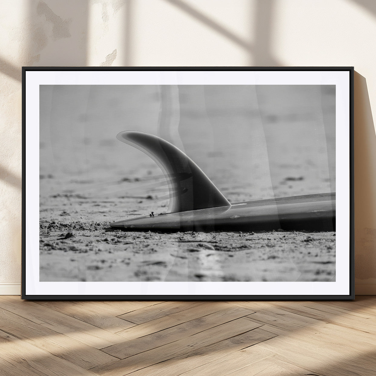 62314230-MGC-FP-36x24_Black-Black White Surfboard Wall Art Canvas Print, Framed Minimalist Beach Art Picture Print, Surf Fin Perfect Minimalist Coastal Decor