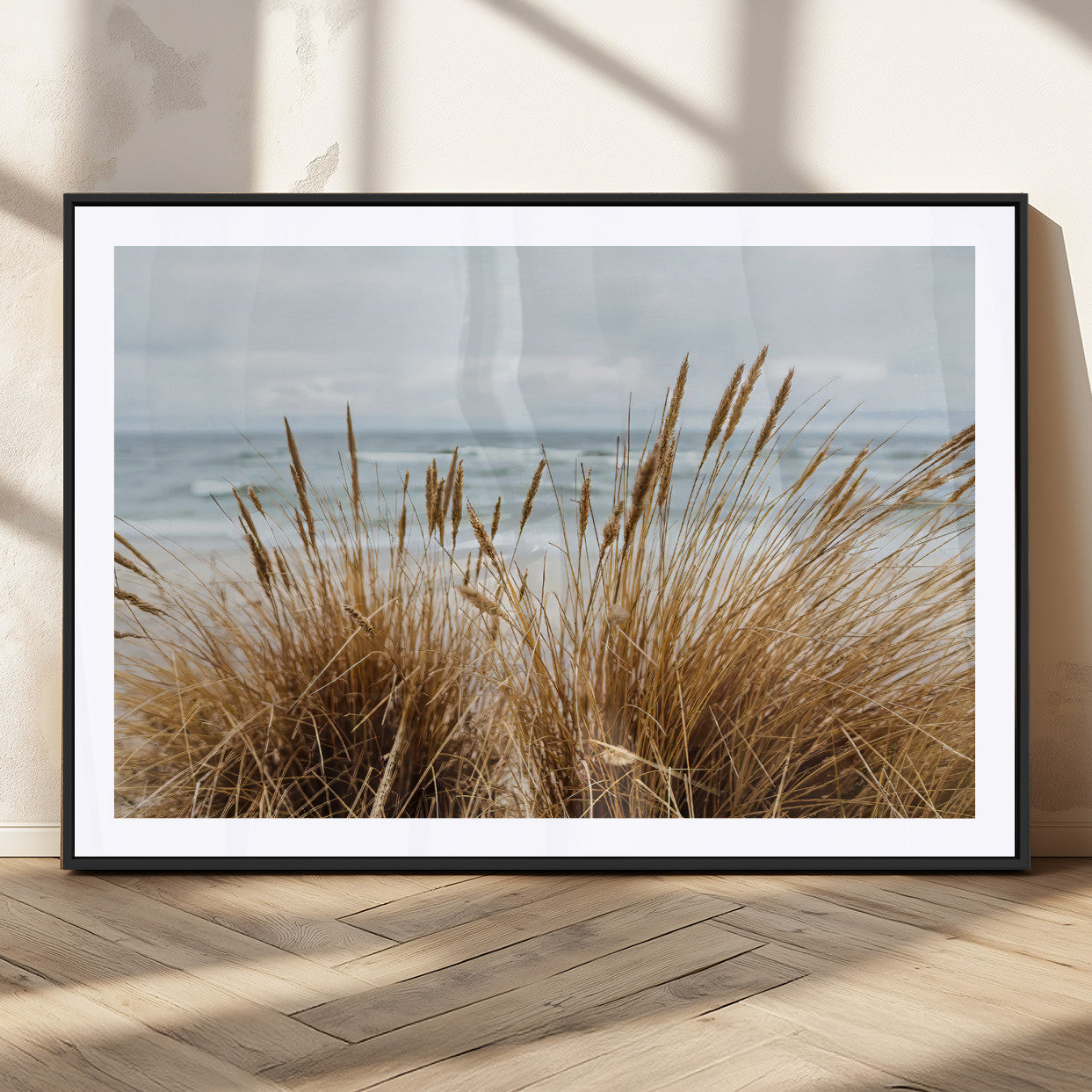 14270839-MGC-FP-36x24_Black-Beach Grass Wall Art Canvas Print, Framed Coastal Dunes Art Picture Print, Dune Grass Perfect Coastal Minimalist Decor Artwork