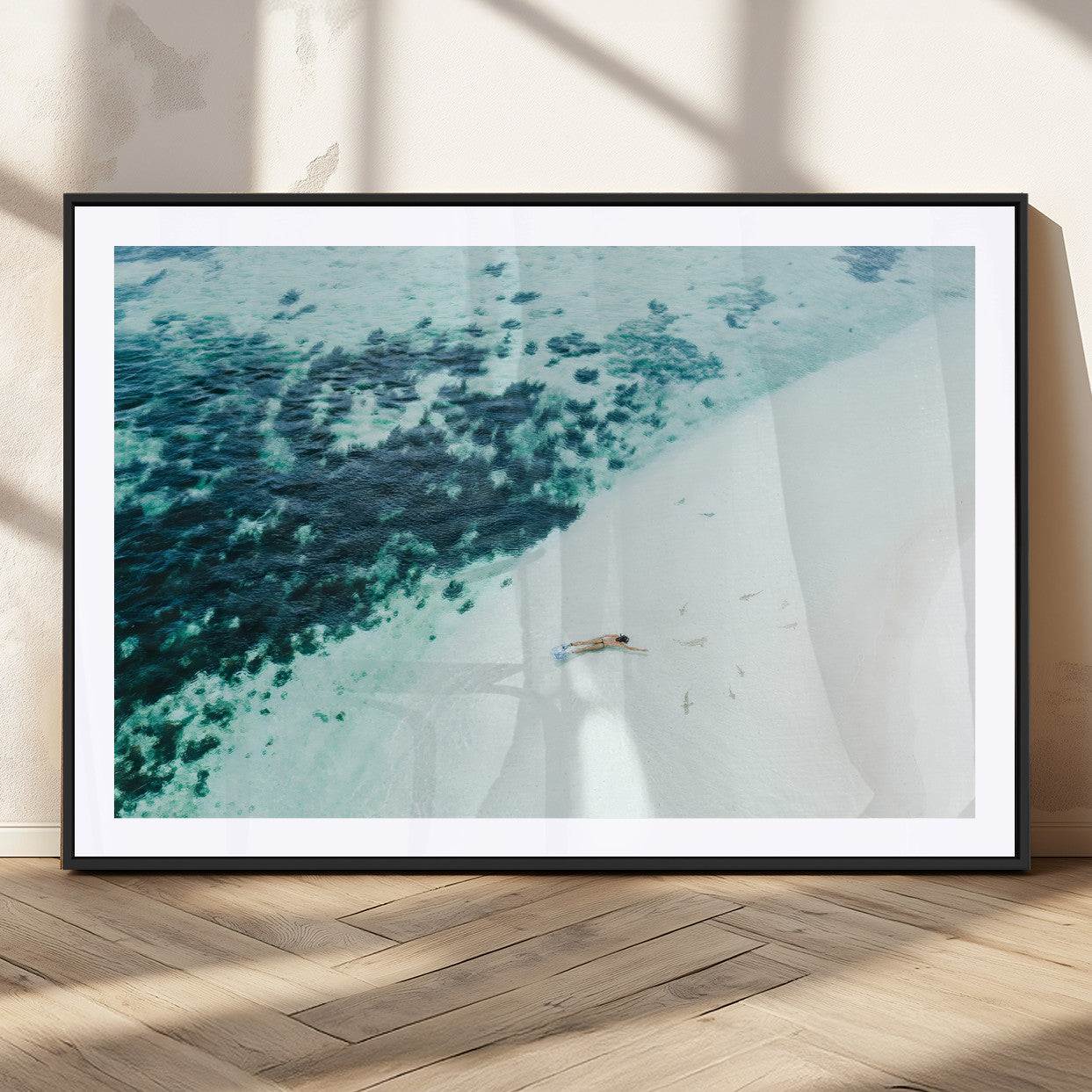 33764764-MGC-FP-36x24_Black-Minimal Beach Wall Art Canvas Print, Framed Ocean Swimming Art Picture Print, Clear Ocean Perfect Minimal Coastal Decor Artwork