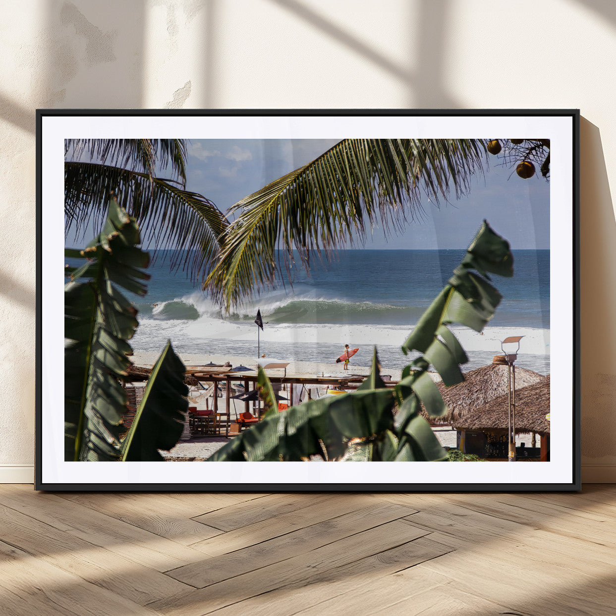 34722557-MGC-FP-36x24_Black-Tropical Shoreline Wall Art Canvas Print, Framed Surfer Beach Art Picture Print, Coastal Surf Perfect Tropical Coastal Decor