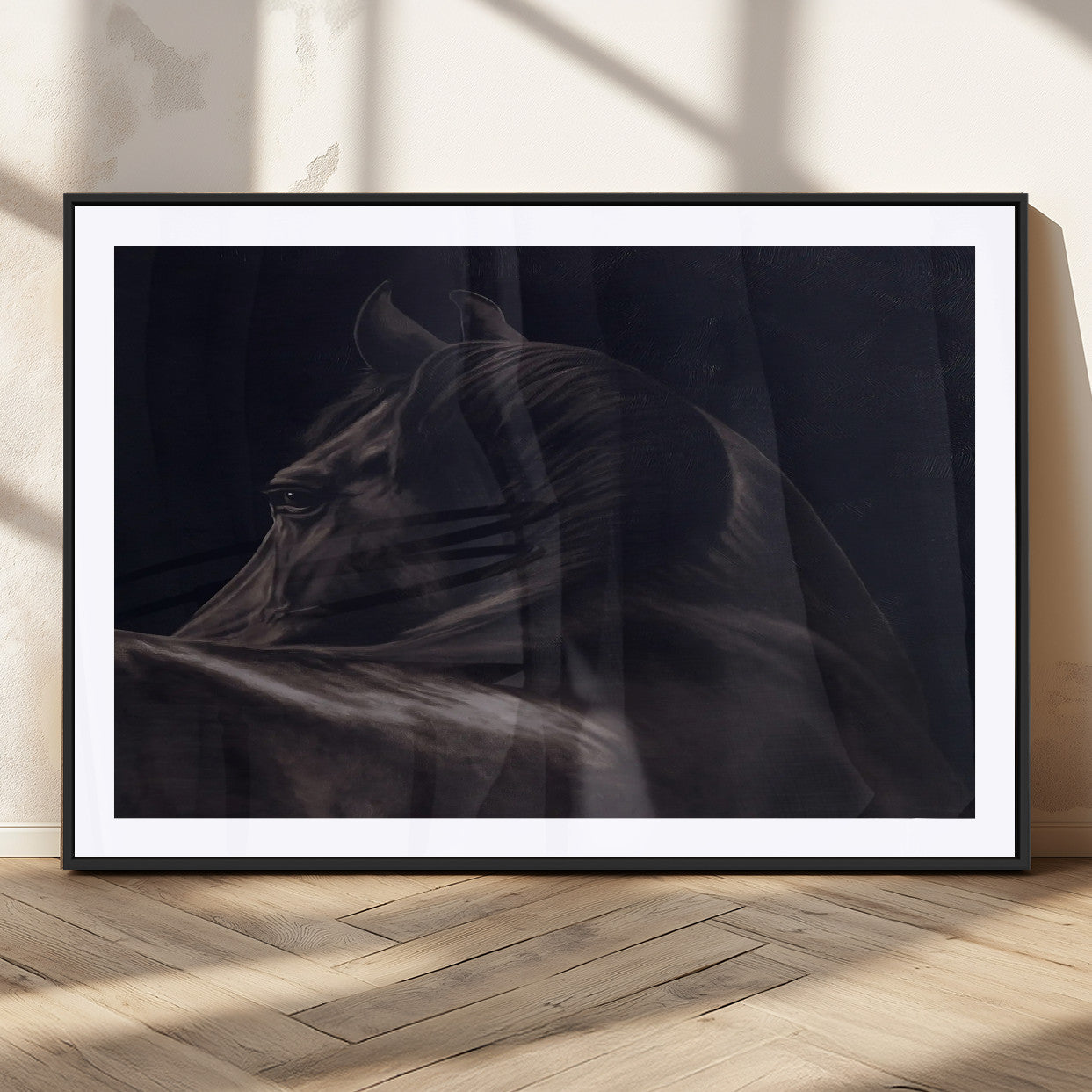 67026880-MGV-CV-36X24-Black Horse Portrait Wall Art Canvas Print, Framed Moody Horse Decor Art Picture Print, Equestrian Wall Style Perfect Masculine