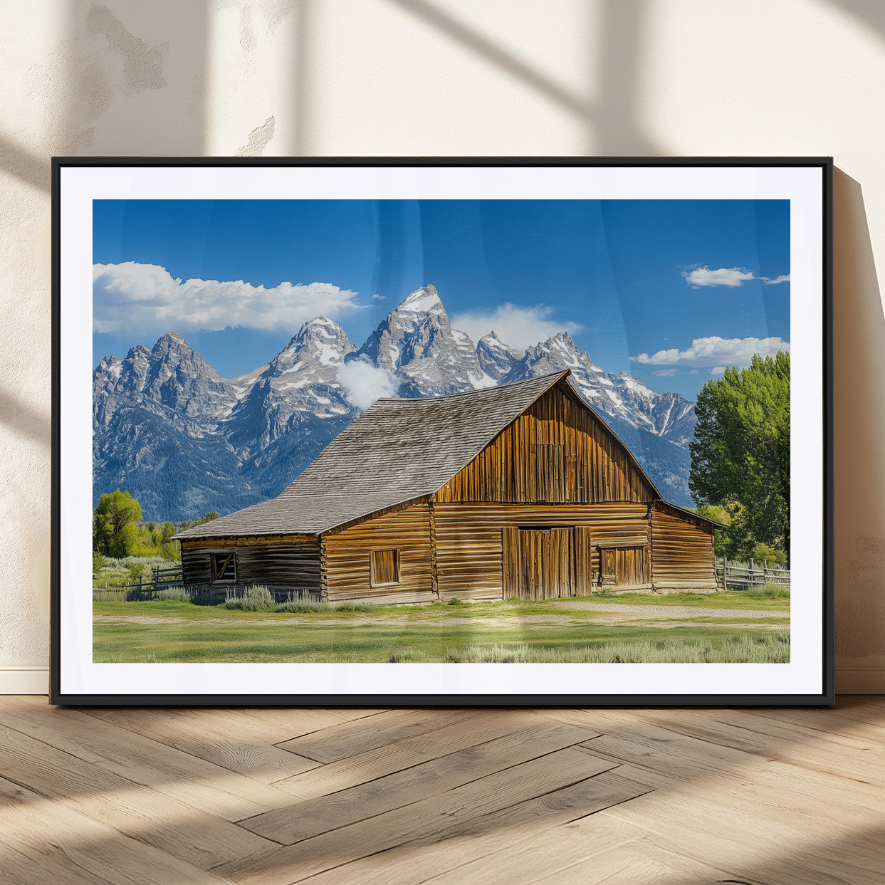 75948467-MGC-FP-36x24_Black-Mountain Barn Scene Wall Art Canvas Print, Framed Rustic Farmhouse Style Art Picture Print, Country Cabin Decor Perfect Rustic