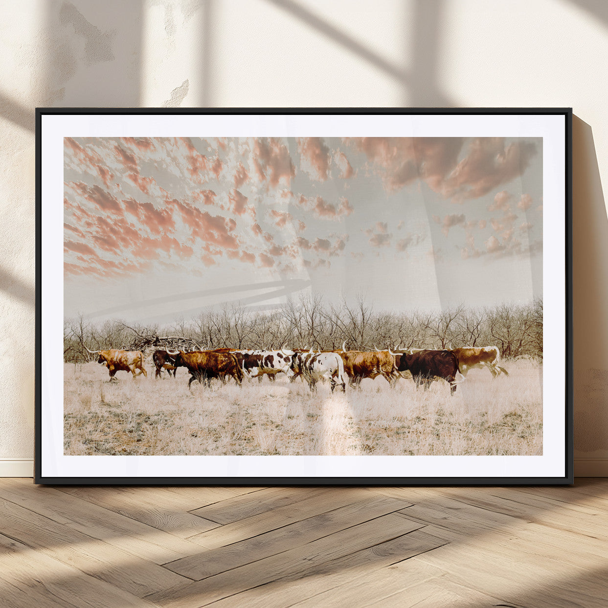 43704663-MGC-FP-36x24_Black-Country Cow Herd Wall Art Canvas Print, Framed Farmhouse Cattle Scene Art Picture Print, Rustic Ranch Decor Perfect Rustic