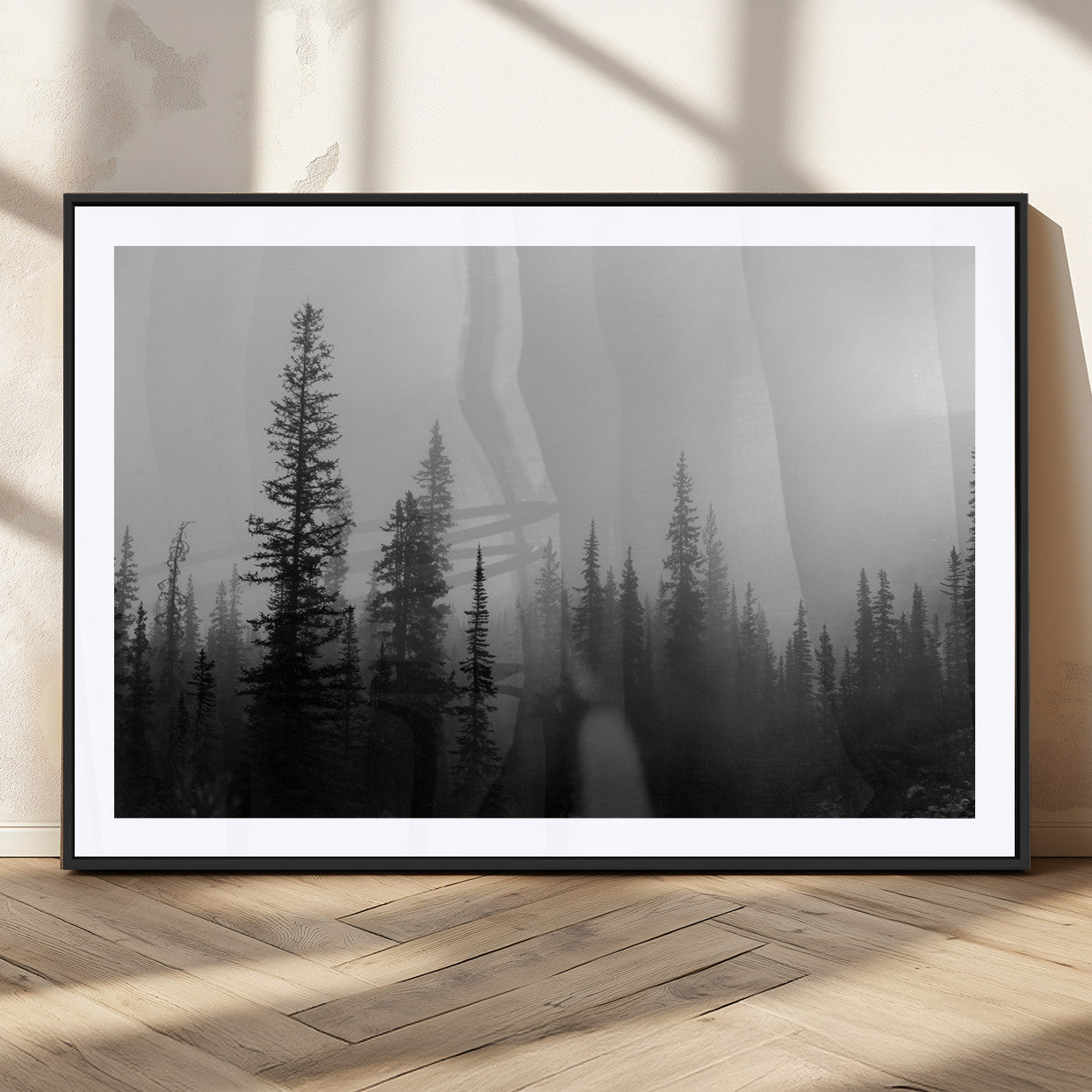 73138900-MGC-FP-36x24_Black-Misty Pines Wall Art Canvas Print, Framed Woodland Photography Art Picture Print, Minimalist Decor Perfect Modern Rustic Decor