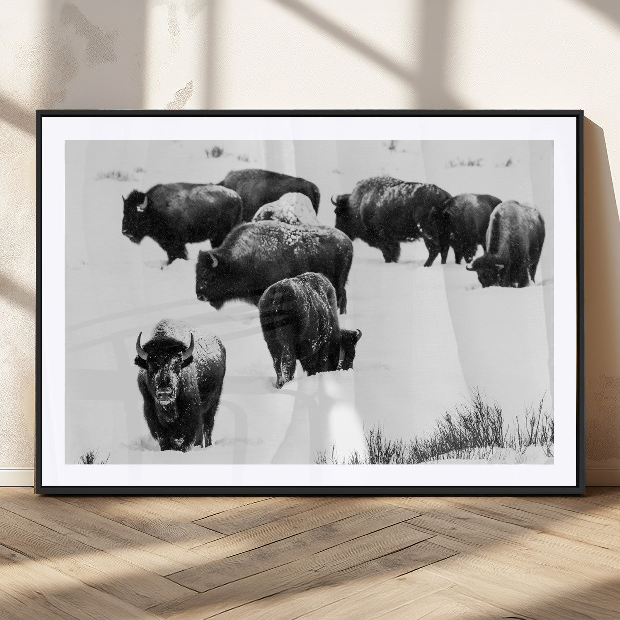 18914414-MGV-CV-36X24-Buffalo Herd Wall Art Canvas Print, Framed Black and White Art Picture Print, Snowy Landscape Perfect Rustic Lodge Decor Decor