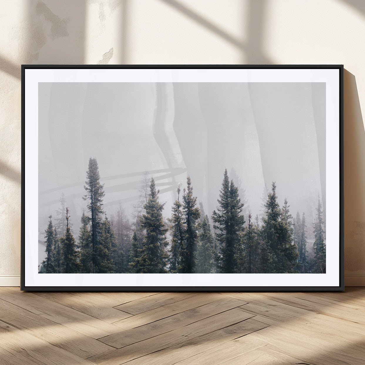 42364796-MGV-CV-36X24-Foggy Forest Wall Art Canvas Print, Framed Misty Pines Art Picture Print, Moody Woodland Perfect Scandinavian Minimalist Decor