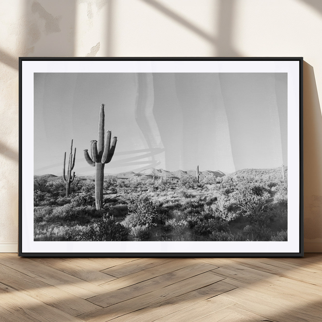 85205054-MGC-FP-36x24_Black-Saguaro Cactus Wall Art Canvas Print, Framed Monochrome Landscape Art Picture Print, Scenic Arizona View Perfect Minimalist