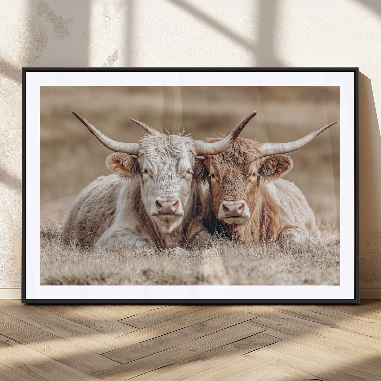 38651722-MGV-CV-36X24-Cow Wall Art – Rustic Longhorn Pair Canvas Print, Western Farmhouse Animal Painting, Country Ranch Decor for Living Room, Bedroom,