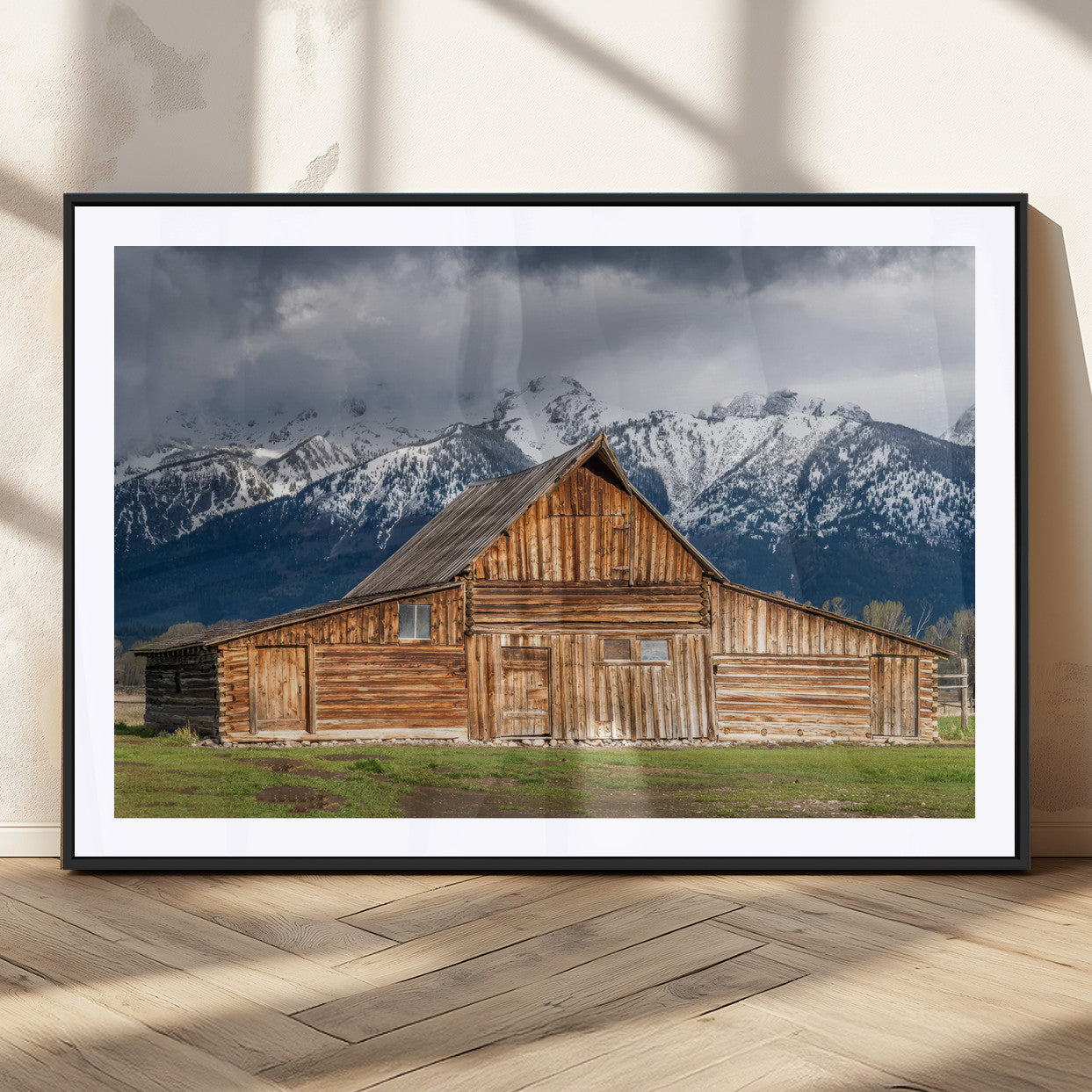 15173627-MGC-FP-36x24_Black-Barn Wall Art – Rustic Wooden Cabin Canvas Print with Snowy Mountain Landscape, Western Farmhouse Country Decor for Living Room,