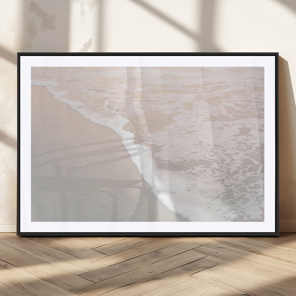 28414510-MGC-FP-36x24_Black-Ocean Shoreline Wall Art – Minimal Coastal Beach Canvas Print, Soft Sea Foam and Sand Photography Artwork, Relaxing Nautical Decor