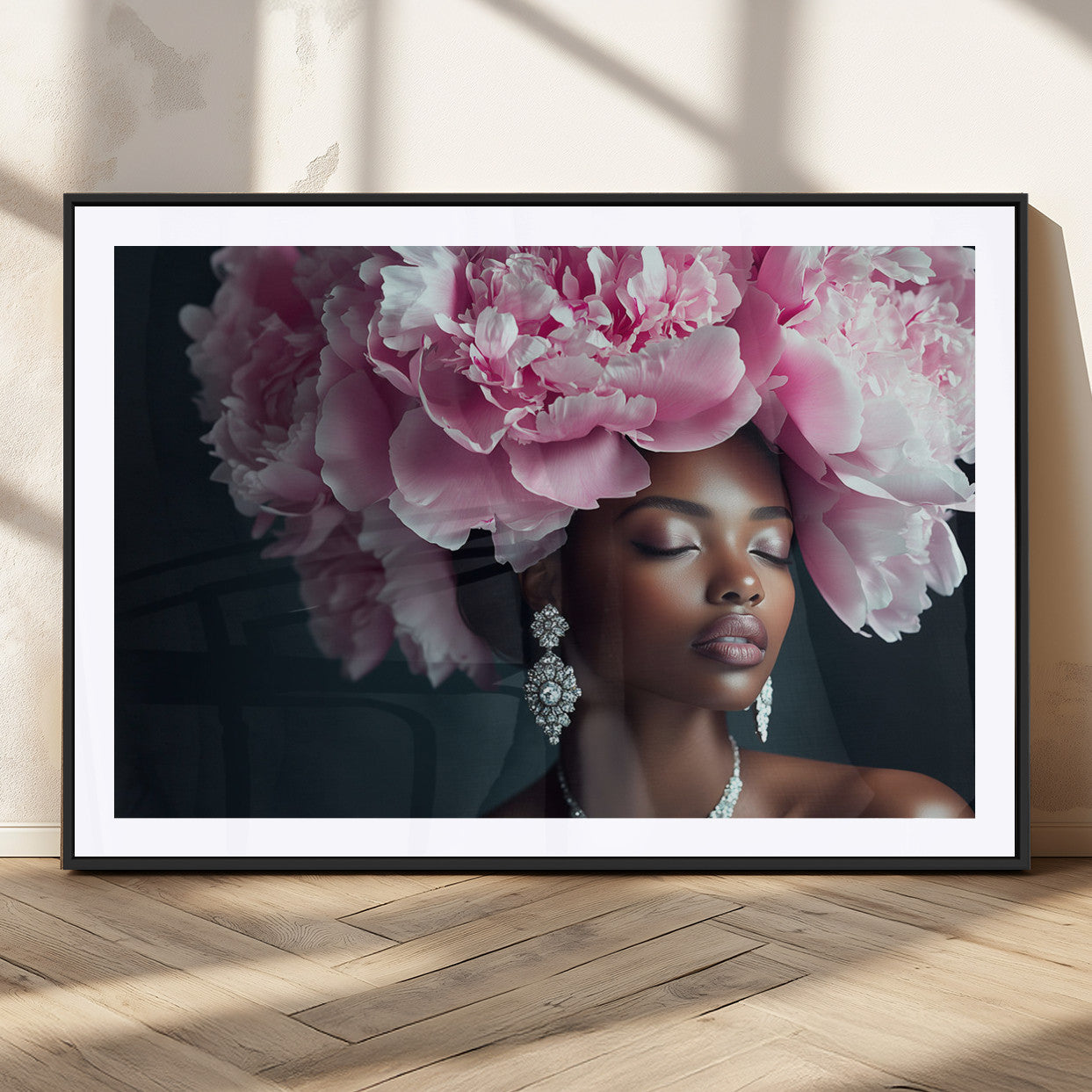 35482880-MGV-CV-36X24-Floral Portrait Wall Art – Elegant Woman with Pink Peony Headpiece Canvas Print, Luxury Fashion Inspired Artwork, Modern Glam