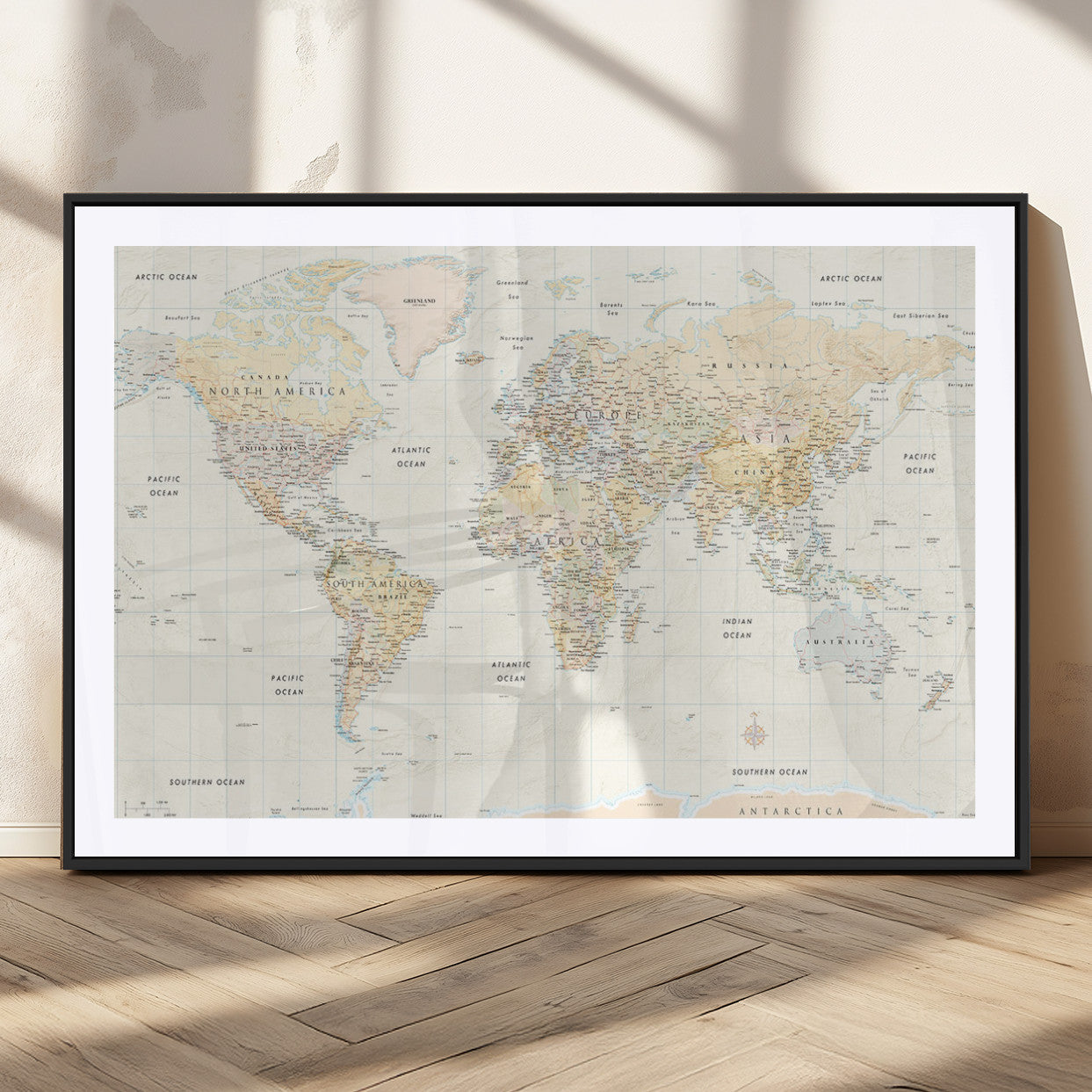 40660043-MGC-FP-36x24_Black-World Map Wall Art – Large Detailed Atlas Style Map Print with Countries, Cities, and Oceans, Neutral Beige and Tan Educational