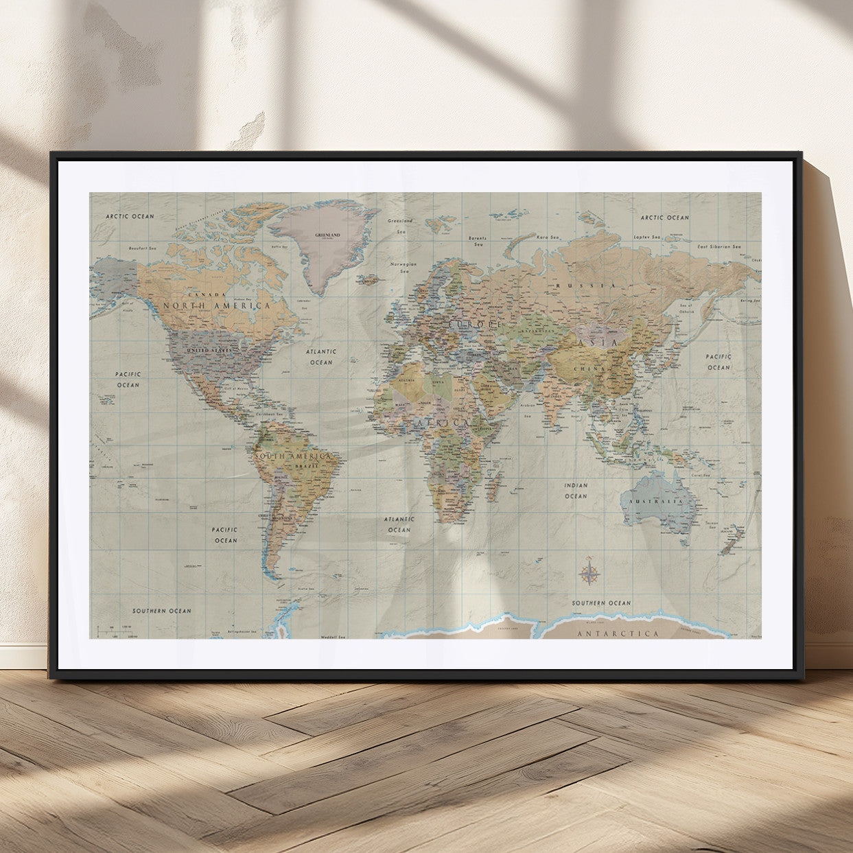 41929777-MGV-CV-36X24-World Map Wall Art – Large Detailed Political Atlas Style Map Print with Countries, Cities, and Oceans, Warm Earth Tone