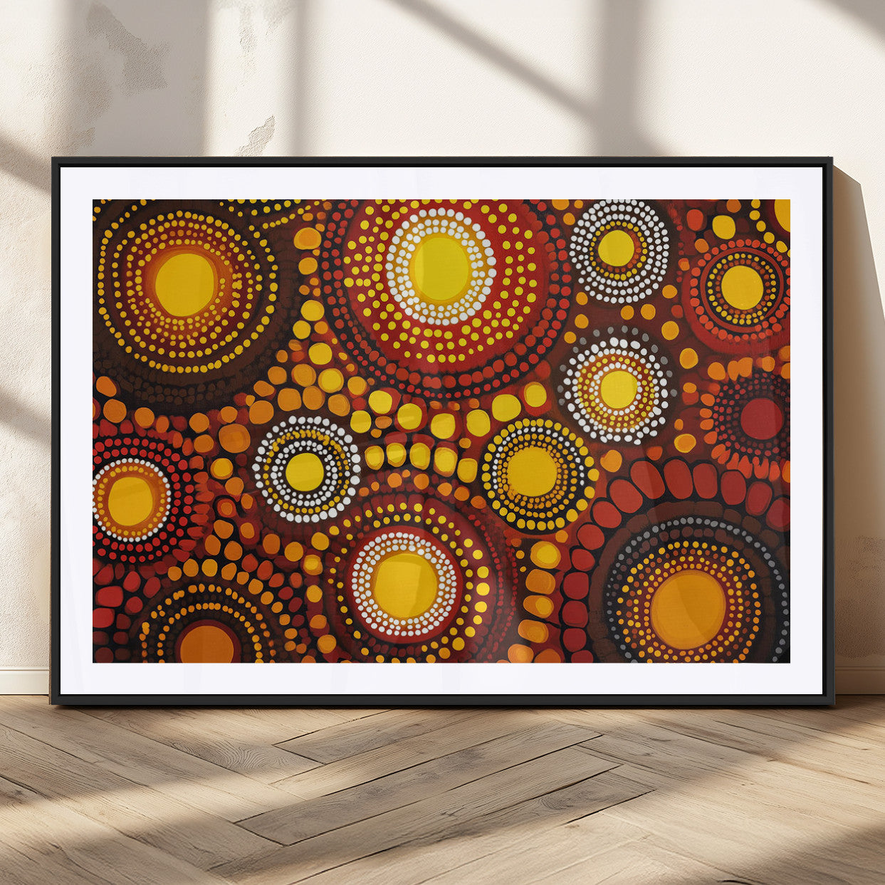81120549-MGC-FP-36x24_Black-Abstract Dot Painting Wall Art – Vibrant Tribal Boho Style Canvas Print with Sunburst Mandala Circles in Warm Red, Yellow, Orange