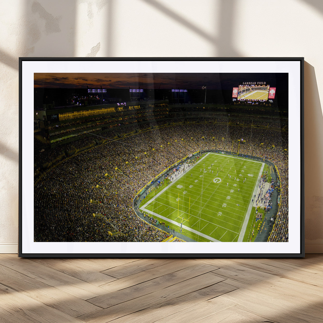 23655234-MGC-FP-36x24_Black-Lambeau Field Stadium Wall Art – American Football Night Game Canvas Print with Packed Crowd and Lights – Sports Decor for Man