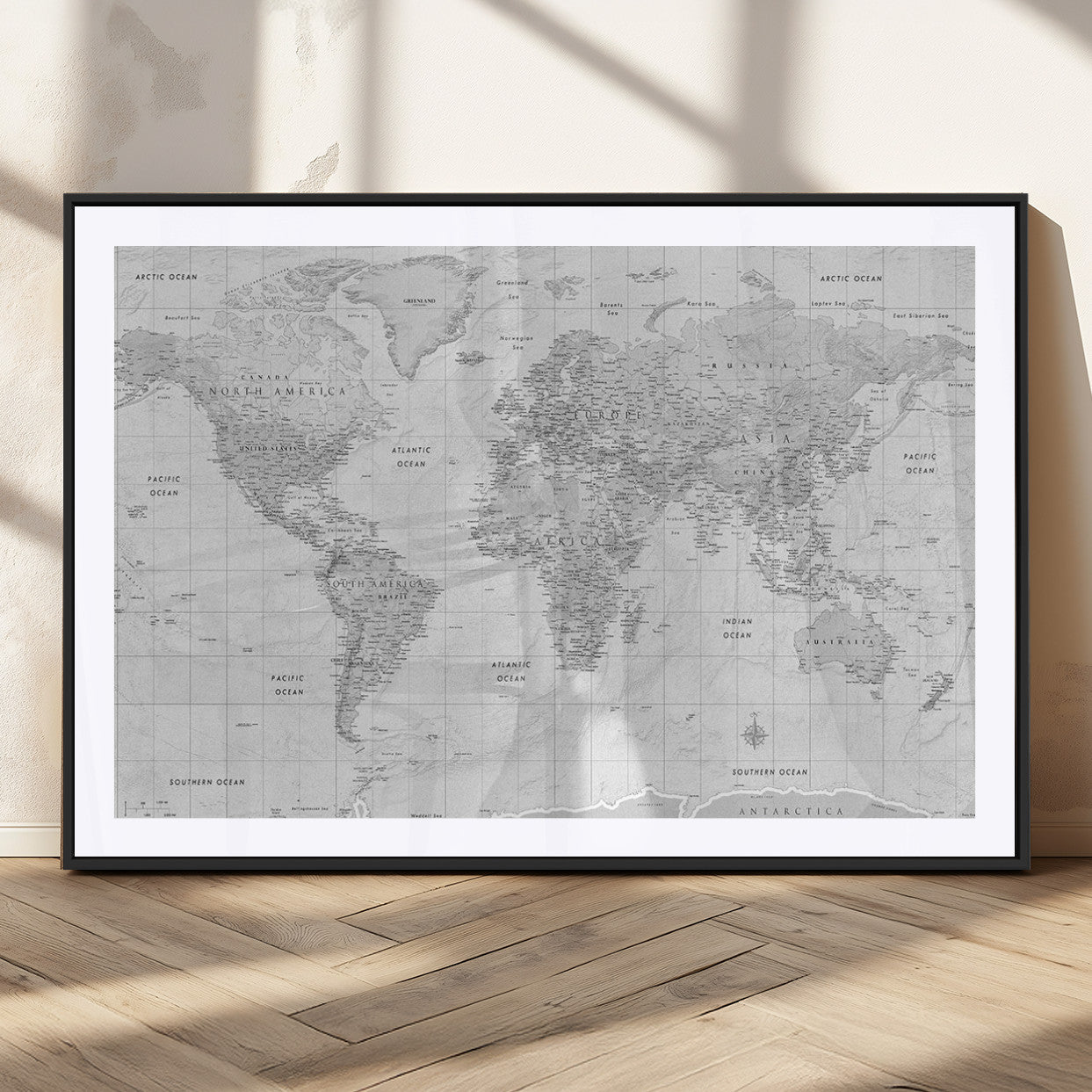 10516725-MGC-FP-36x24_Black-Black and White World Map Wall Art – Minimalist Grayscale Canvas Print – Modern Detailed Travel Map Poster for Home, Office, or